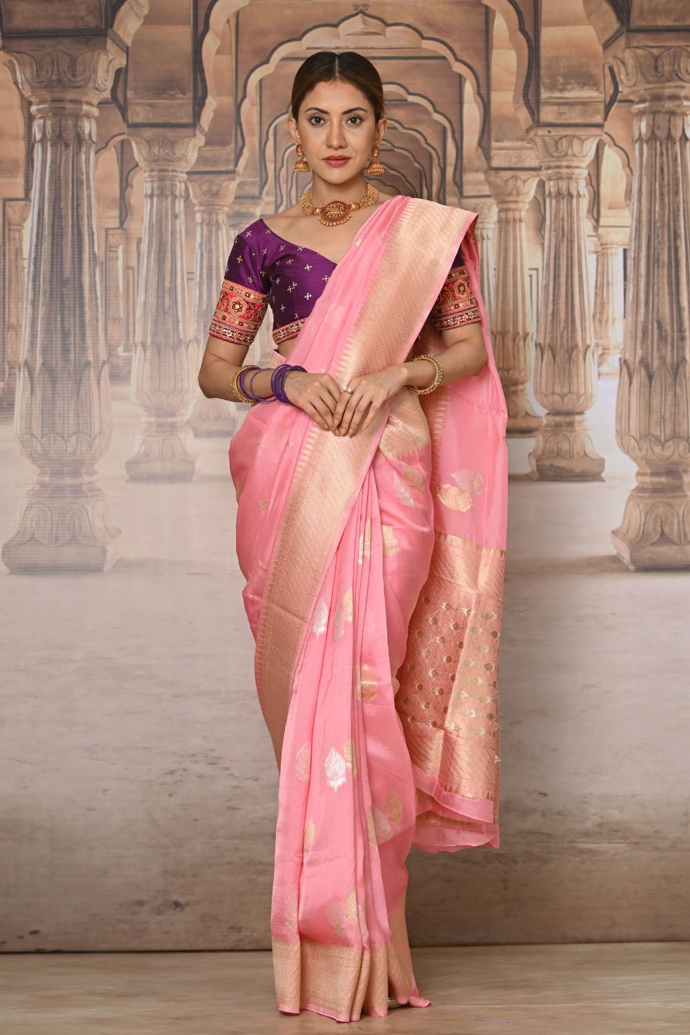 Baby Pink Banarasi Soft Silk Saree