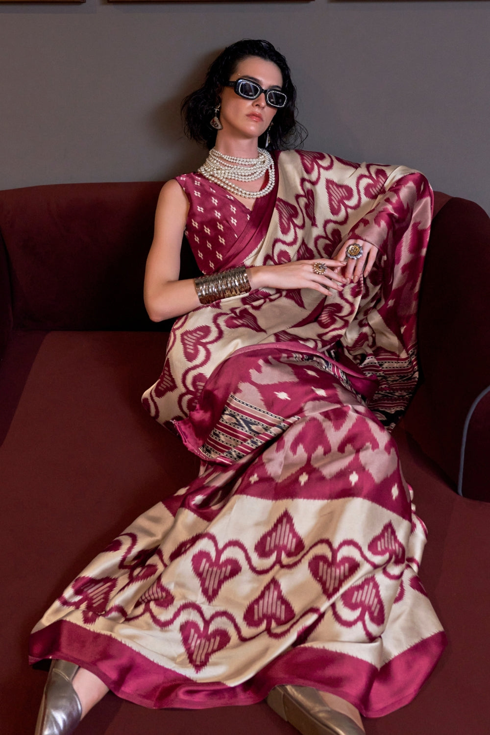 CREAM & MAROON SATIN CREPE SAREE