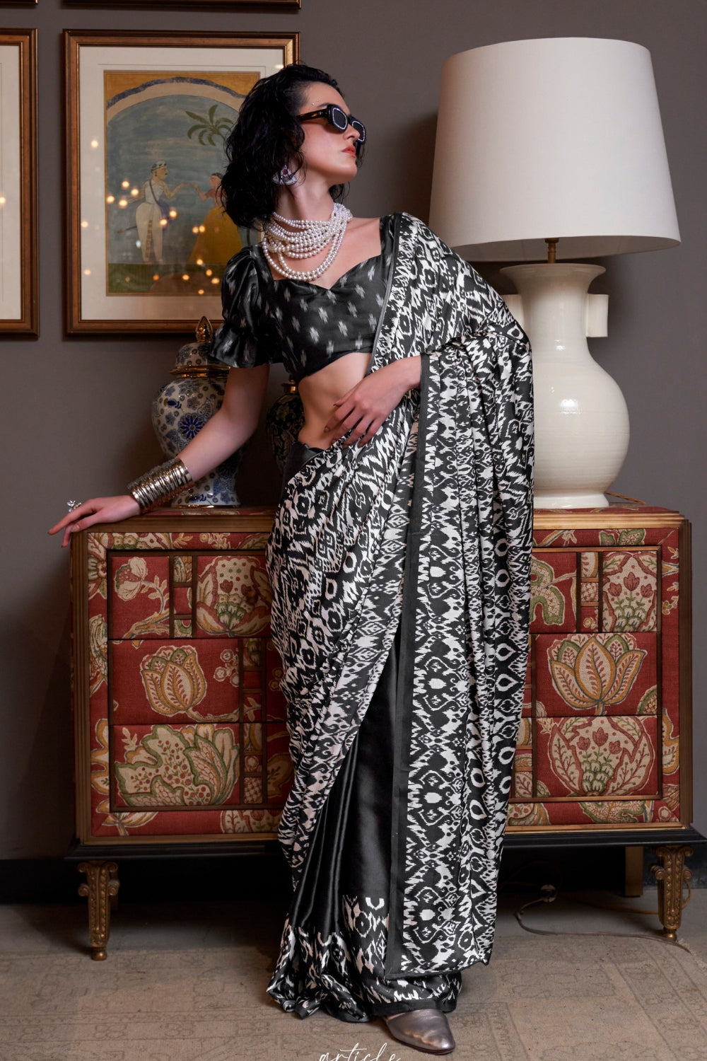 BLACK & WHITE SATIN CREPE SAREE