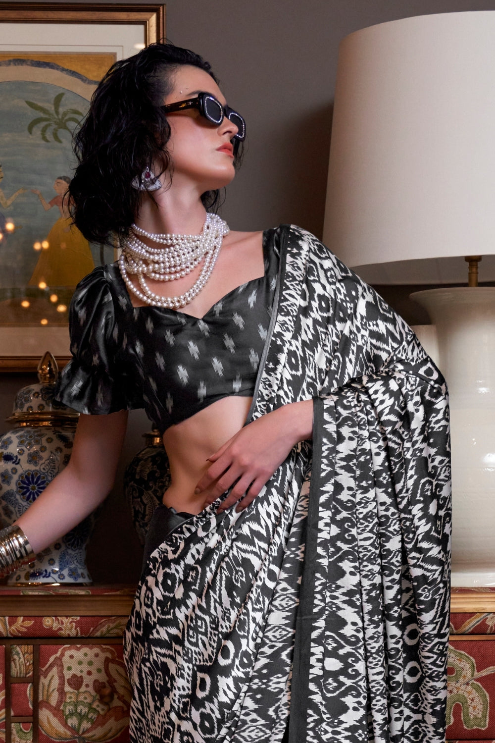 BLACK & WHITE SATIN CREPE SAREE