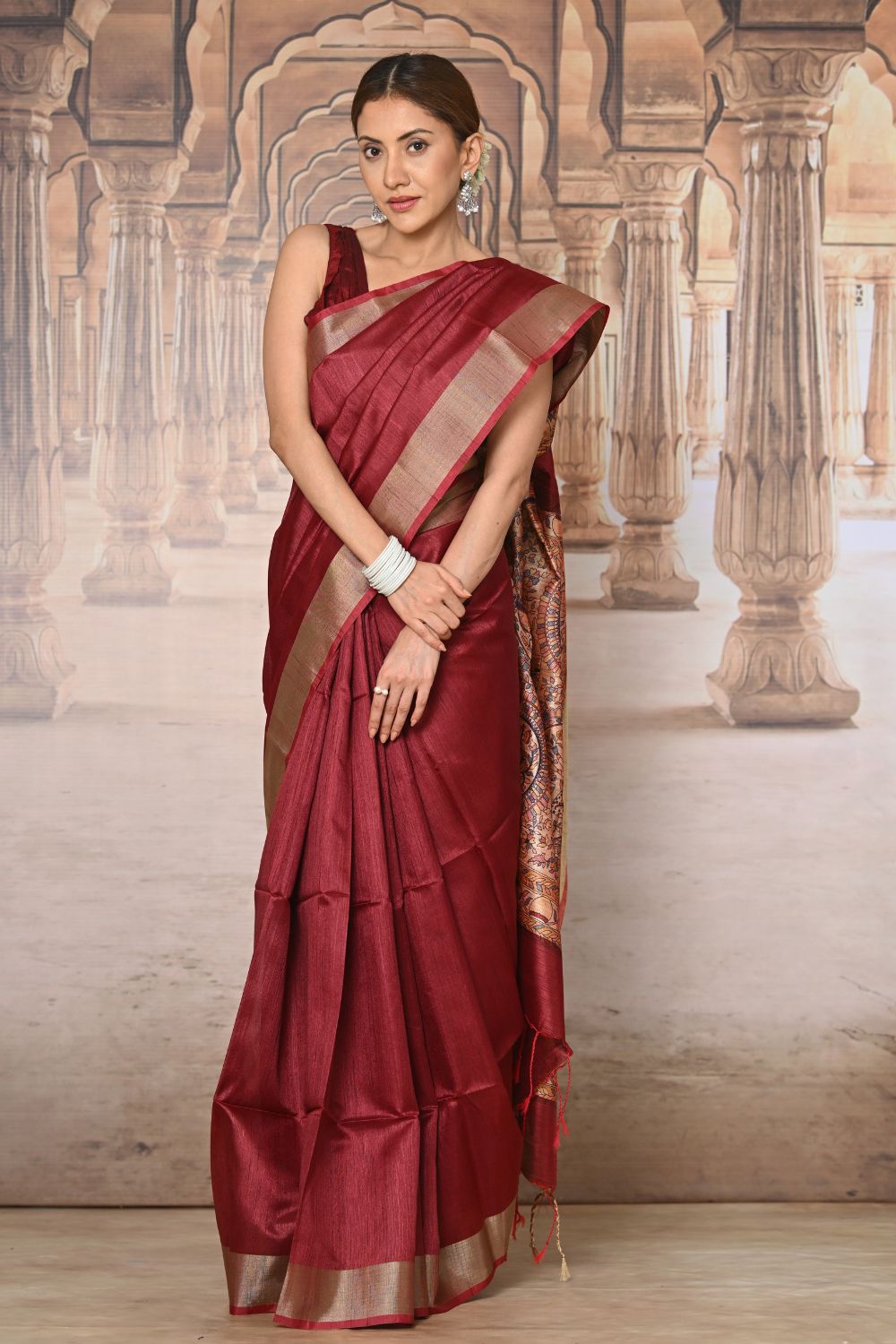 Bright Red Raw Silk With Kalamkari Pallu Saree