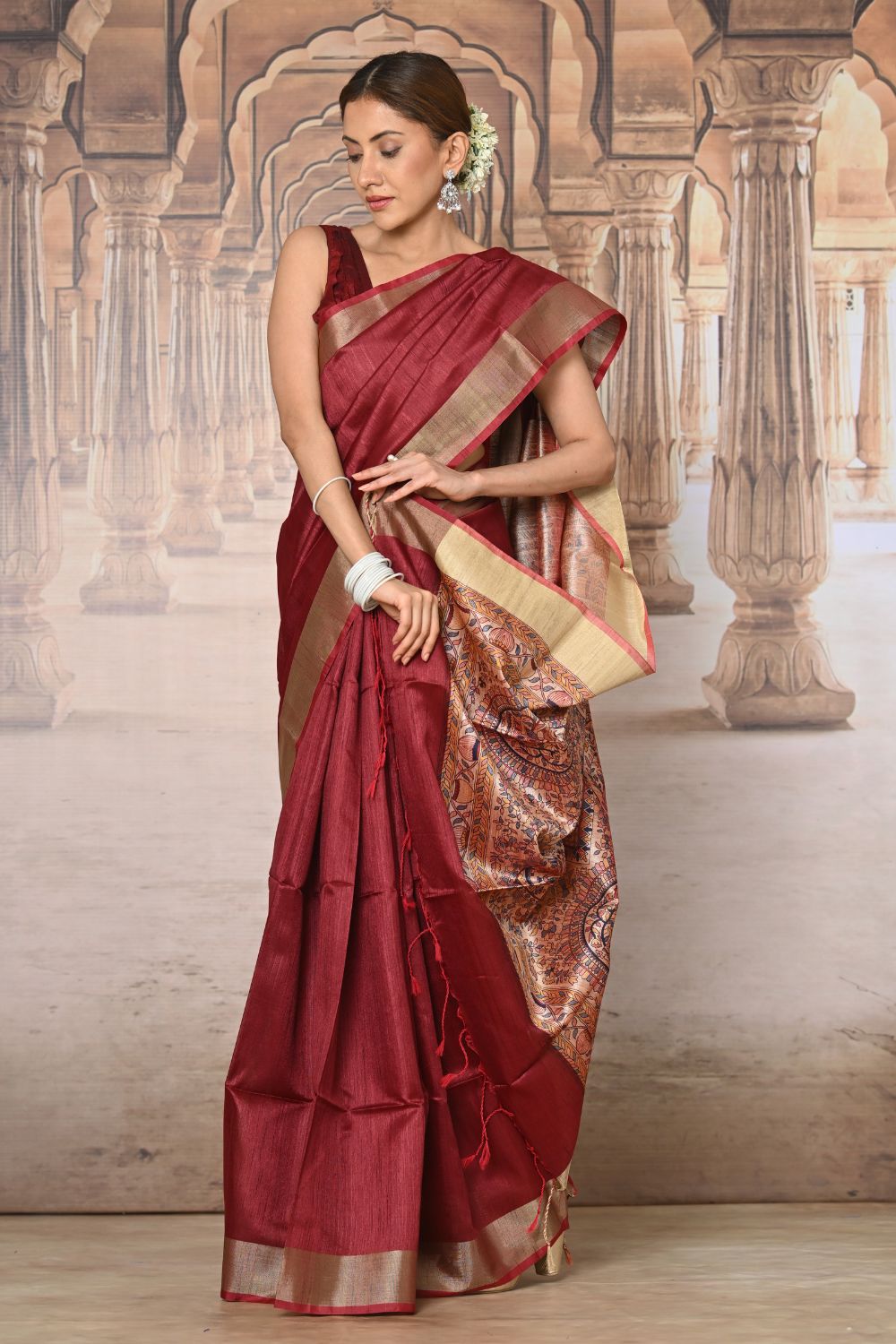 Bright Red Raw Silk With Kalamkari Pallu Saree