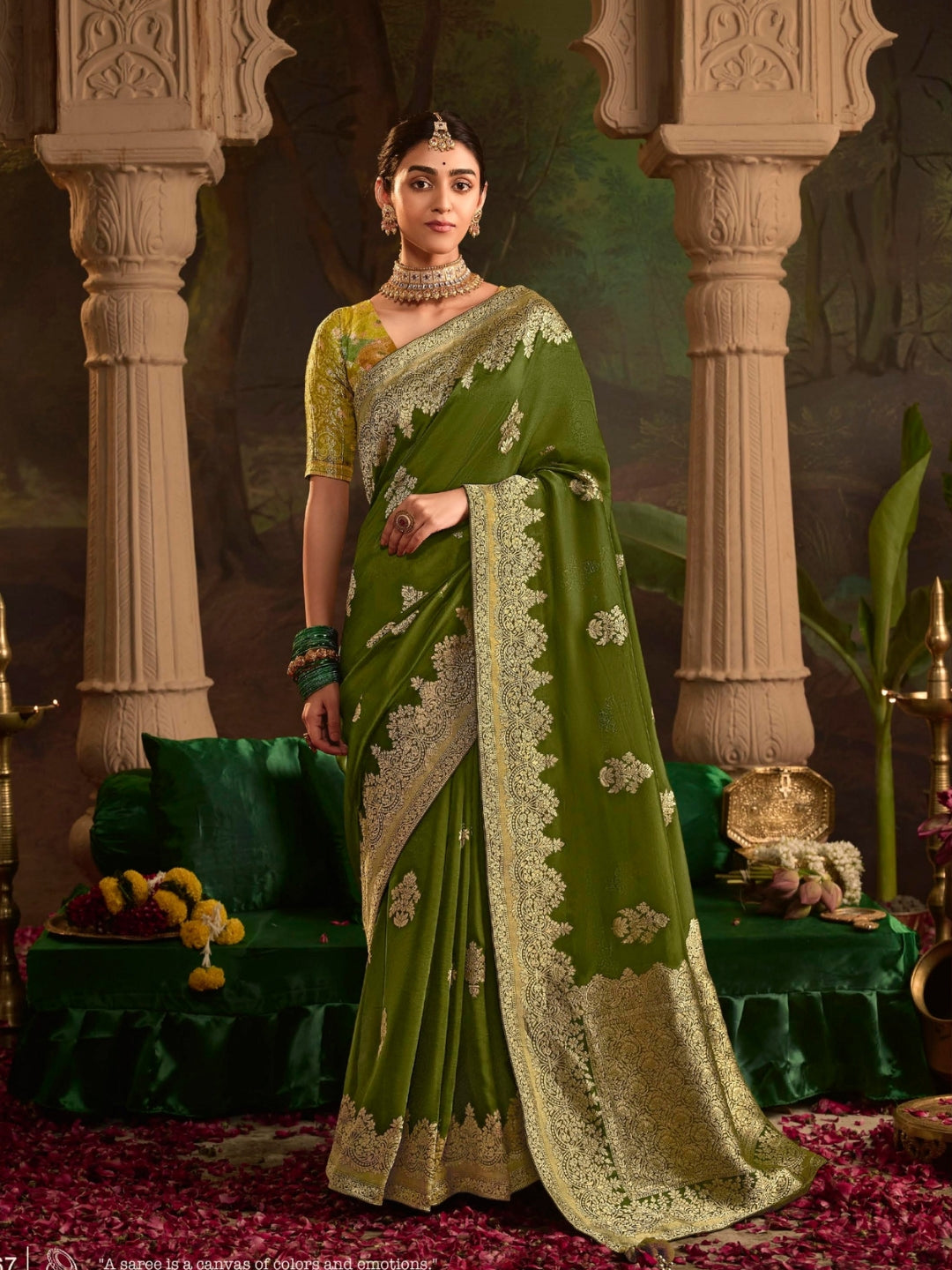 Mehendi Green Crepe Dola Banarasi Saree