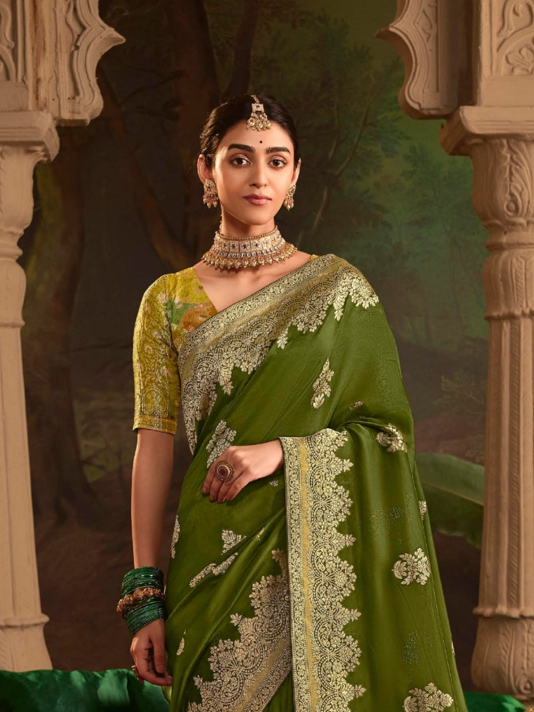 Mehendi Green Crepe Dola Banarasi Saree