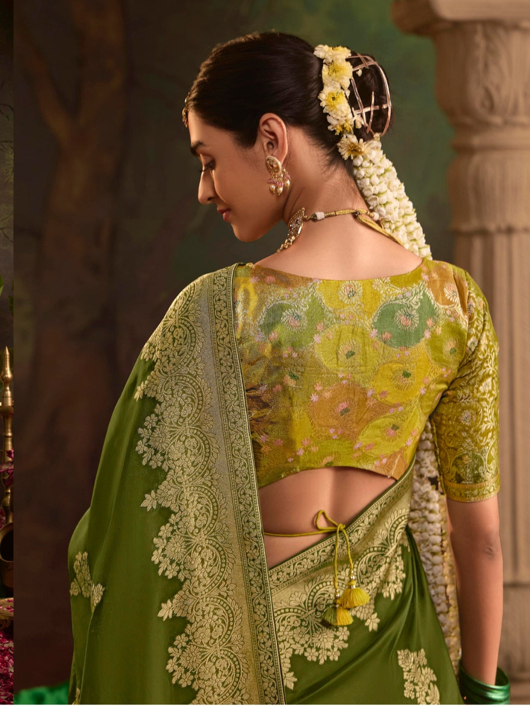 Mehendi Green Crepe Dola Banarasi Saree