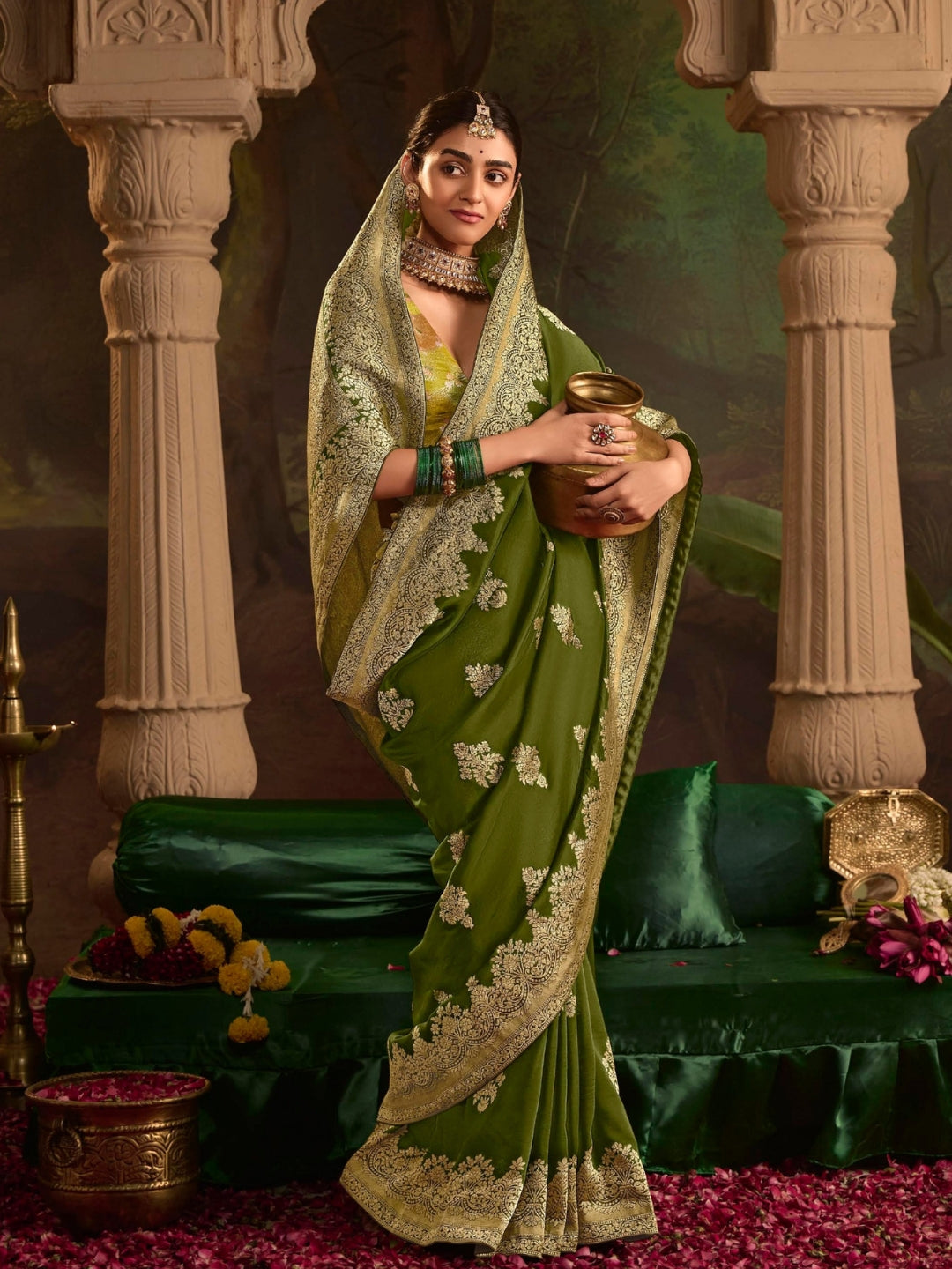 Mehendi Green Crepe Dola Banarasi Saree