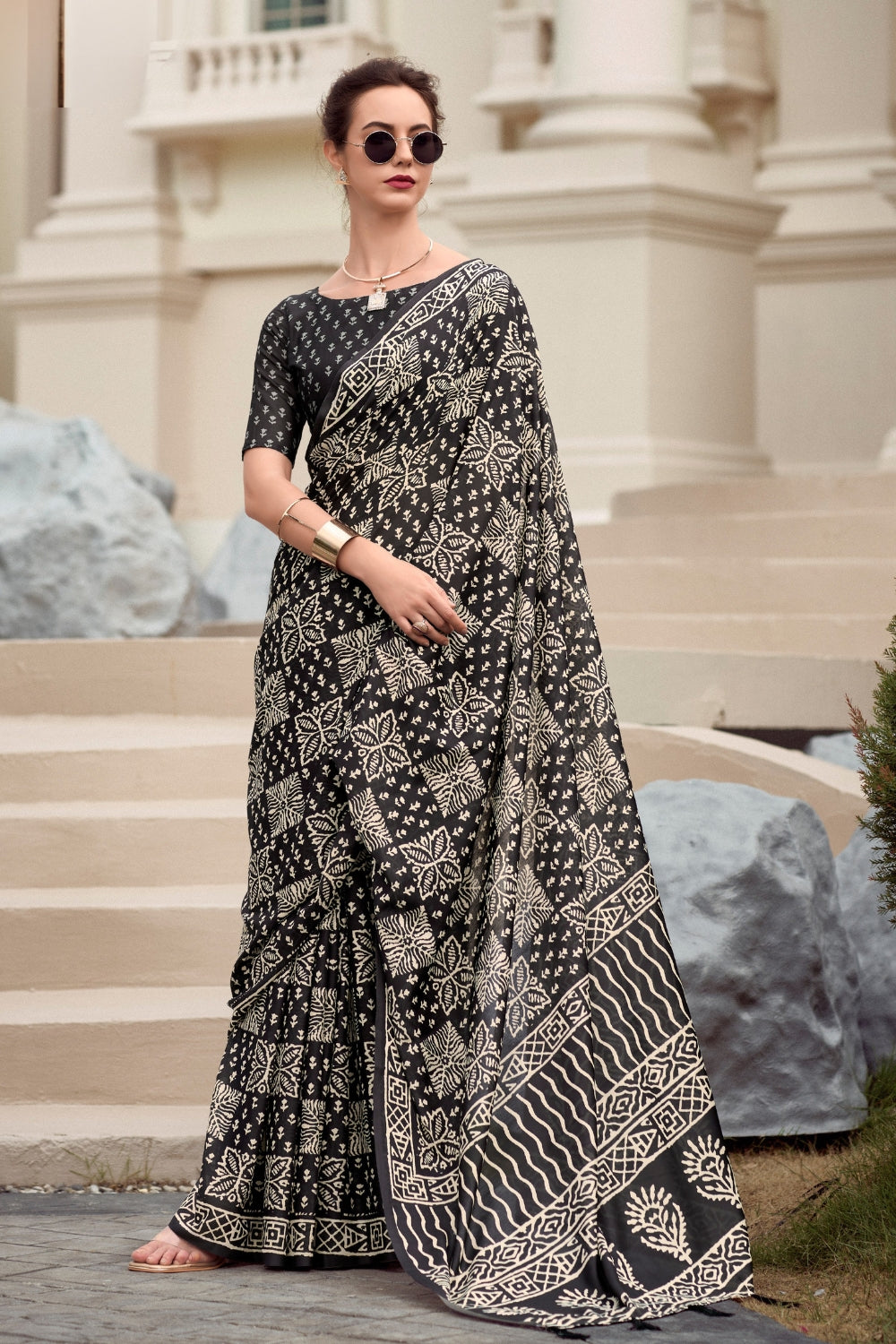 Grey Pure Mal Mal Silk Saree