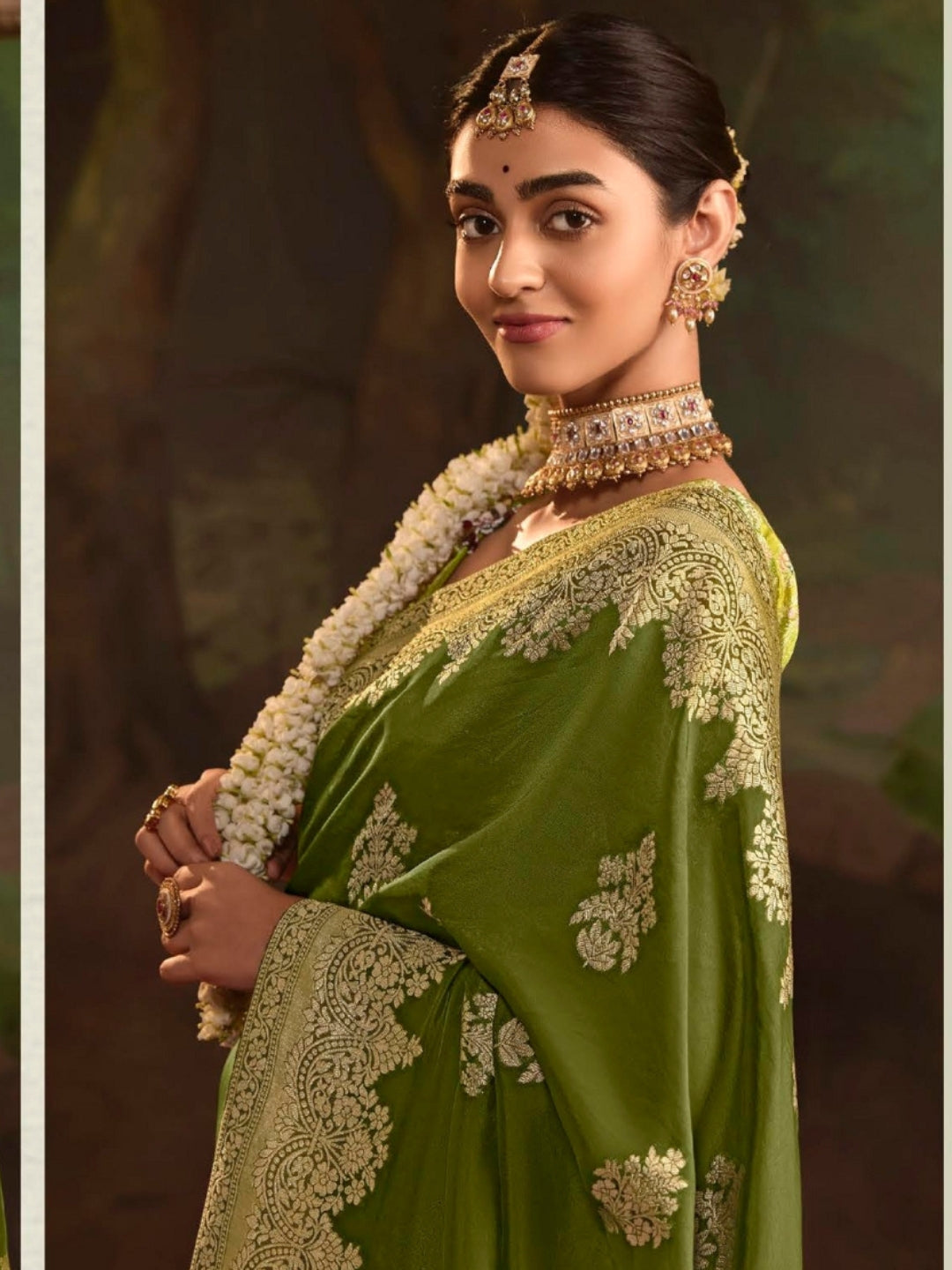 Mehendi Green Crepe Dola Banarasi Saree