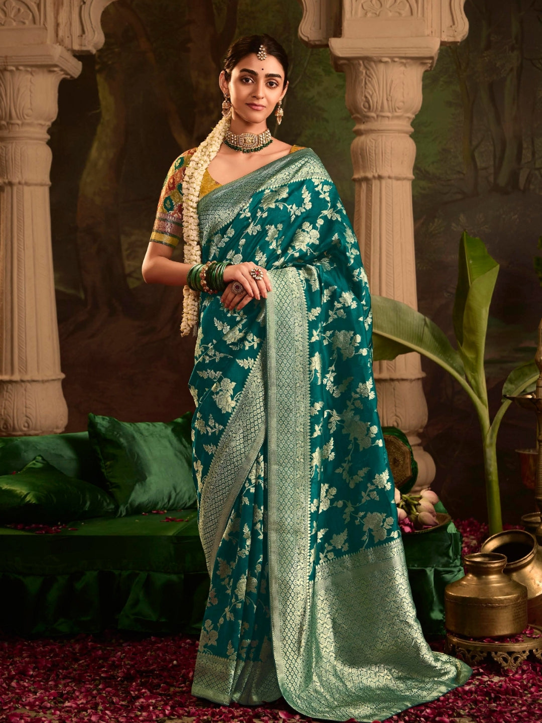 Teal Green Crepe Dola Banarasi Saree