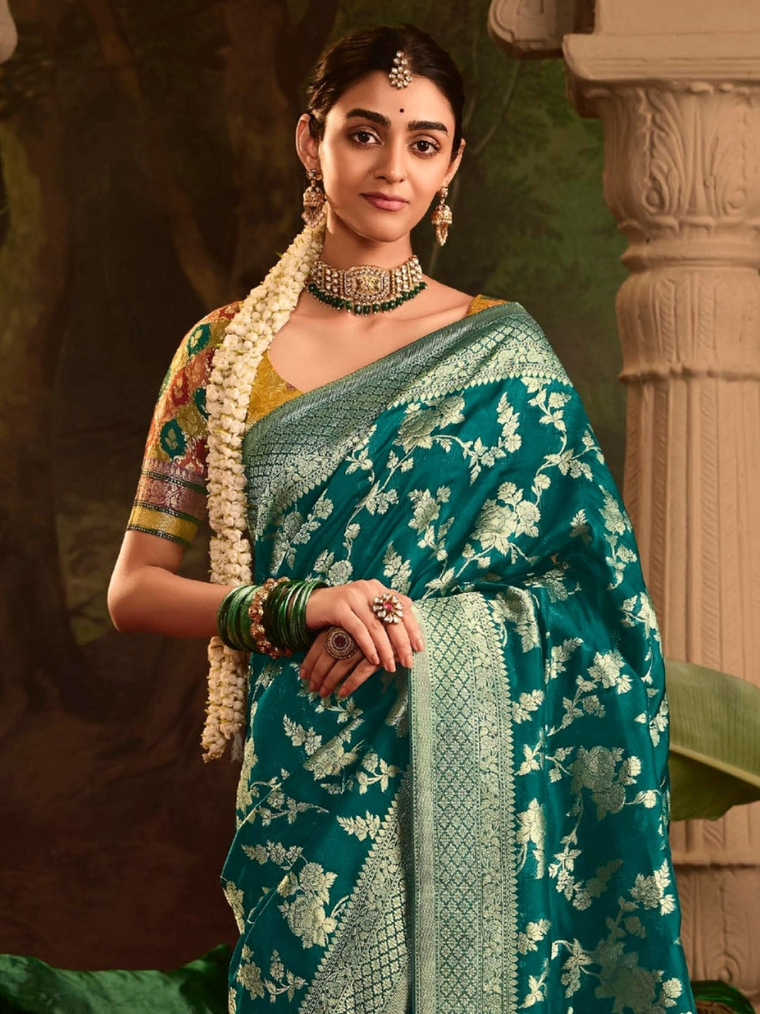 Teal Green Crepe Dola Banarasi Saree