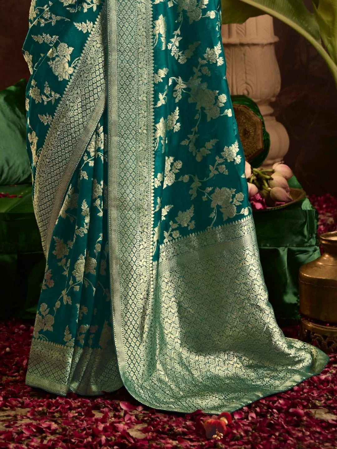 Teal Green Crepe Dola Banarasi Saree