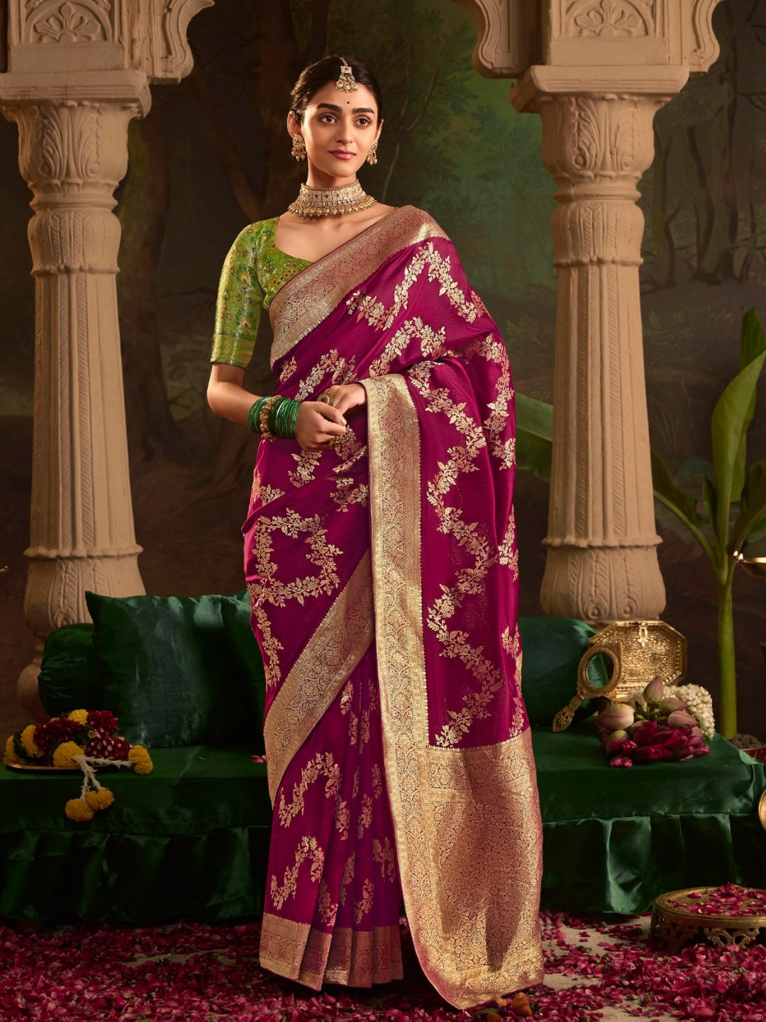 Wine Purple Crepe Dola Banarasi Saree