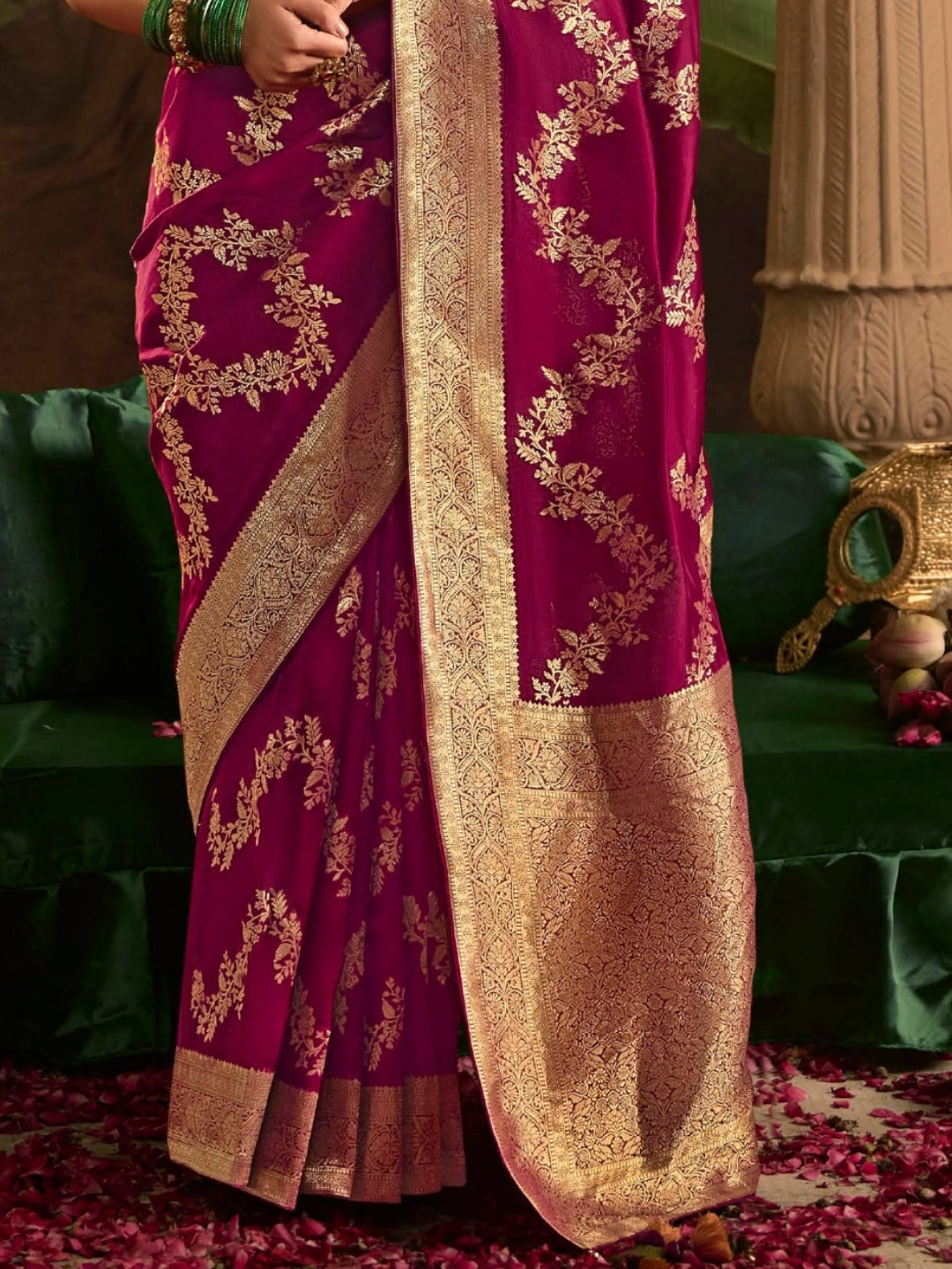 Wine Purple Crepe Dola Banarasi Saree