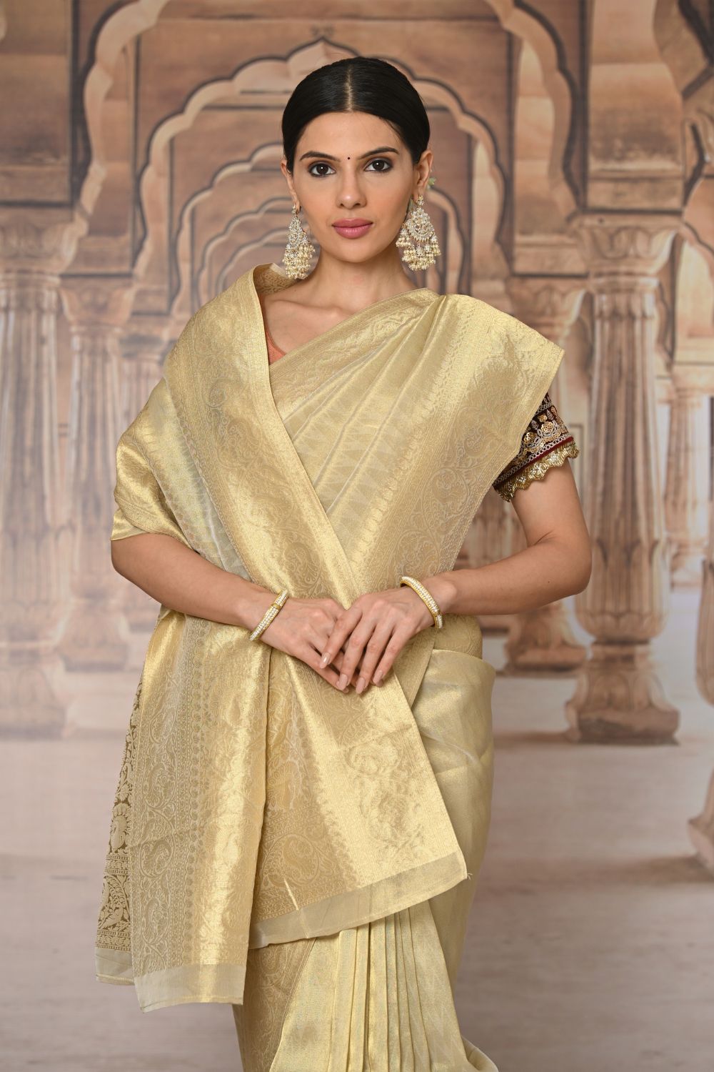 Cream White Gold Kanjivaram Silk Saree