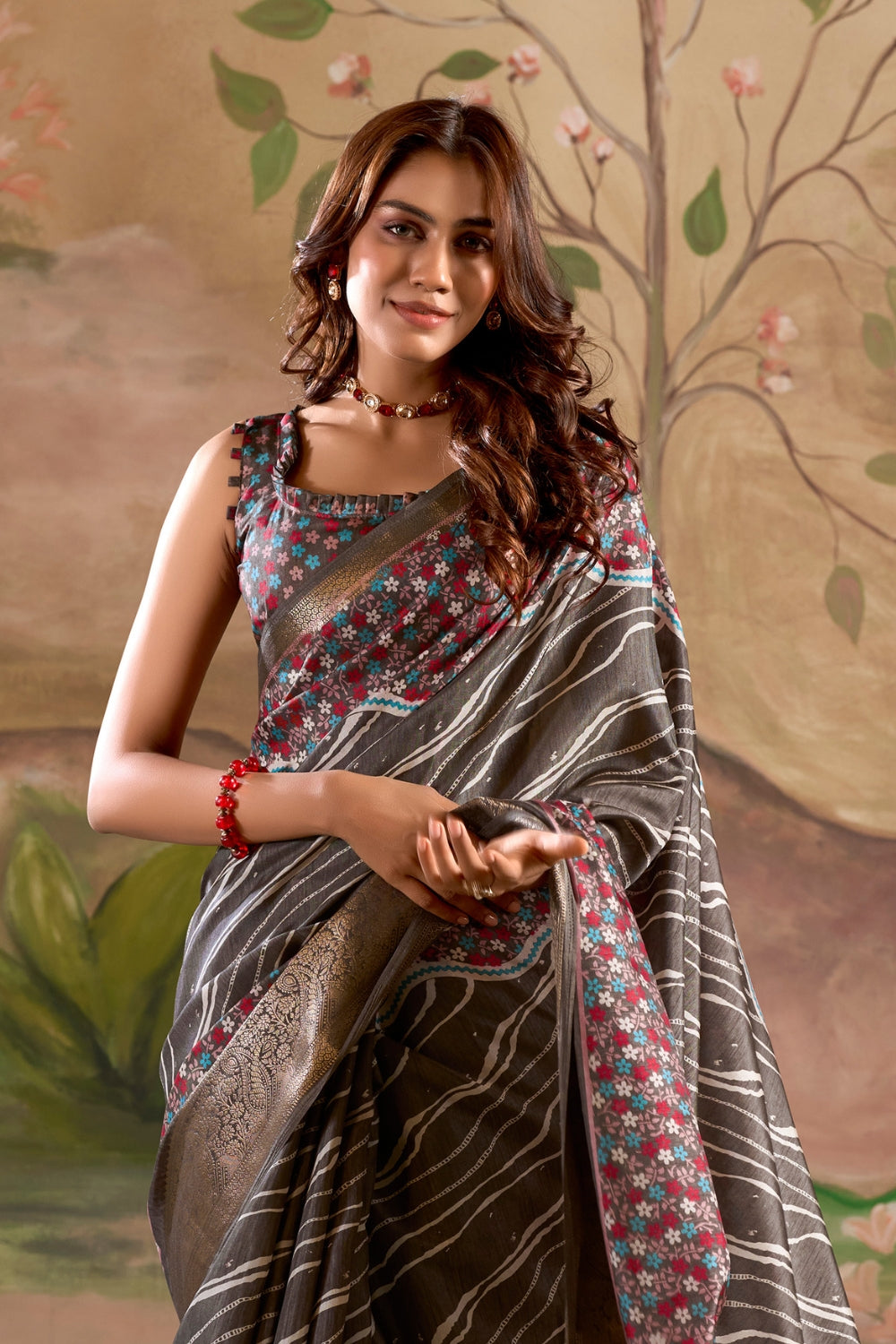 Dark Grey Cotton With Digital Print Saree