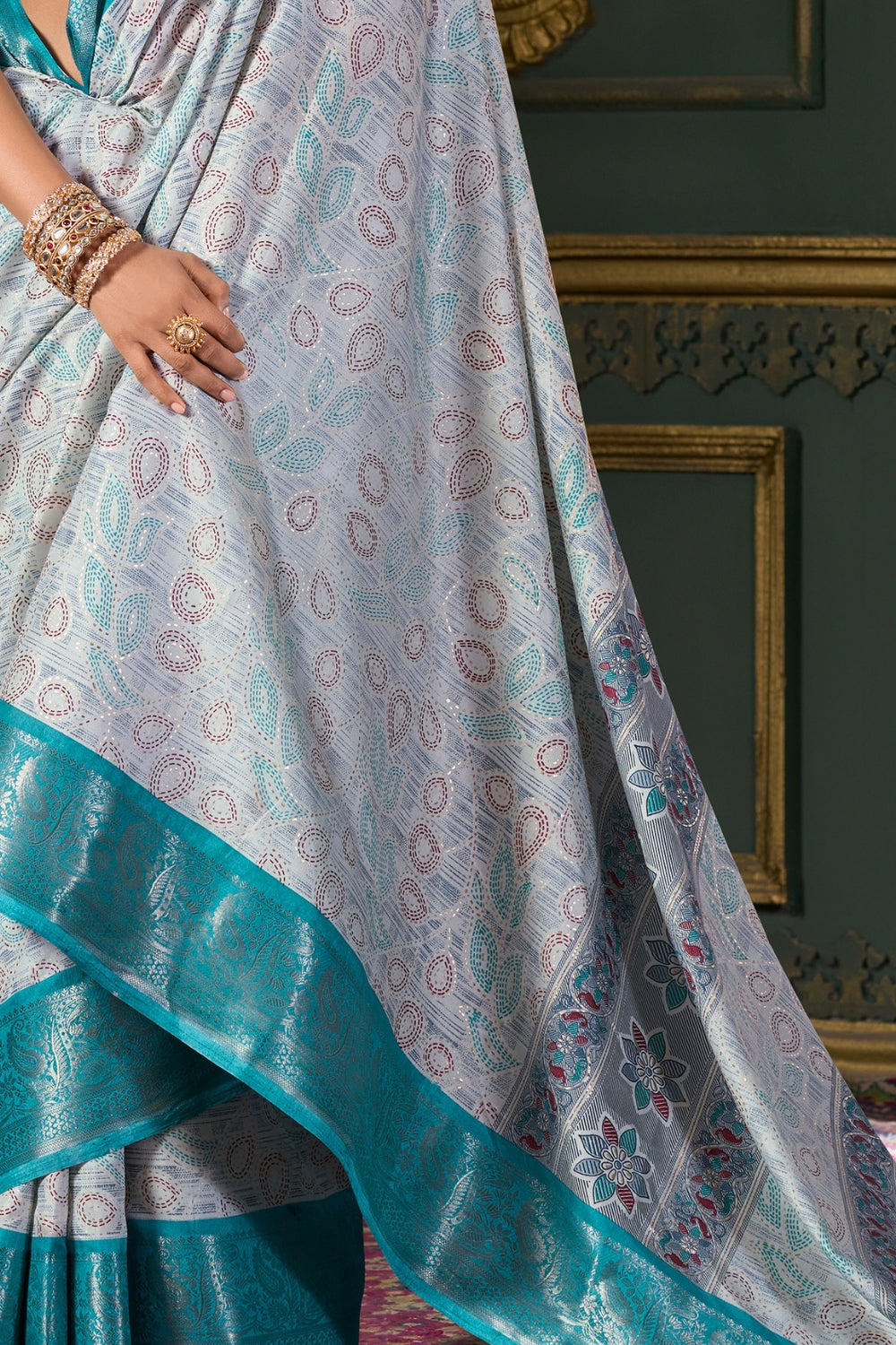 Blue Soft Silk Fabric With Foil Print Saree