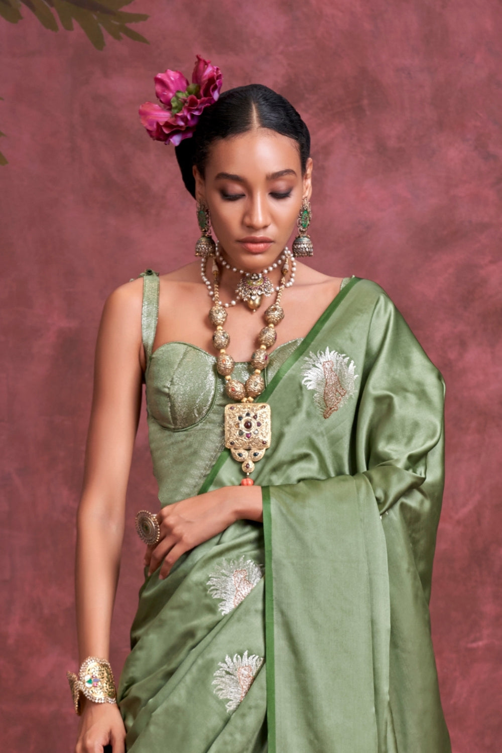 Green PURE SATIN Saree