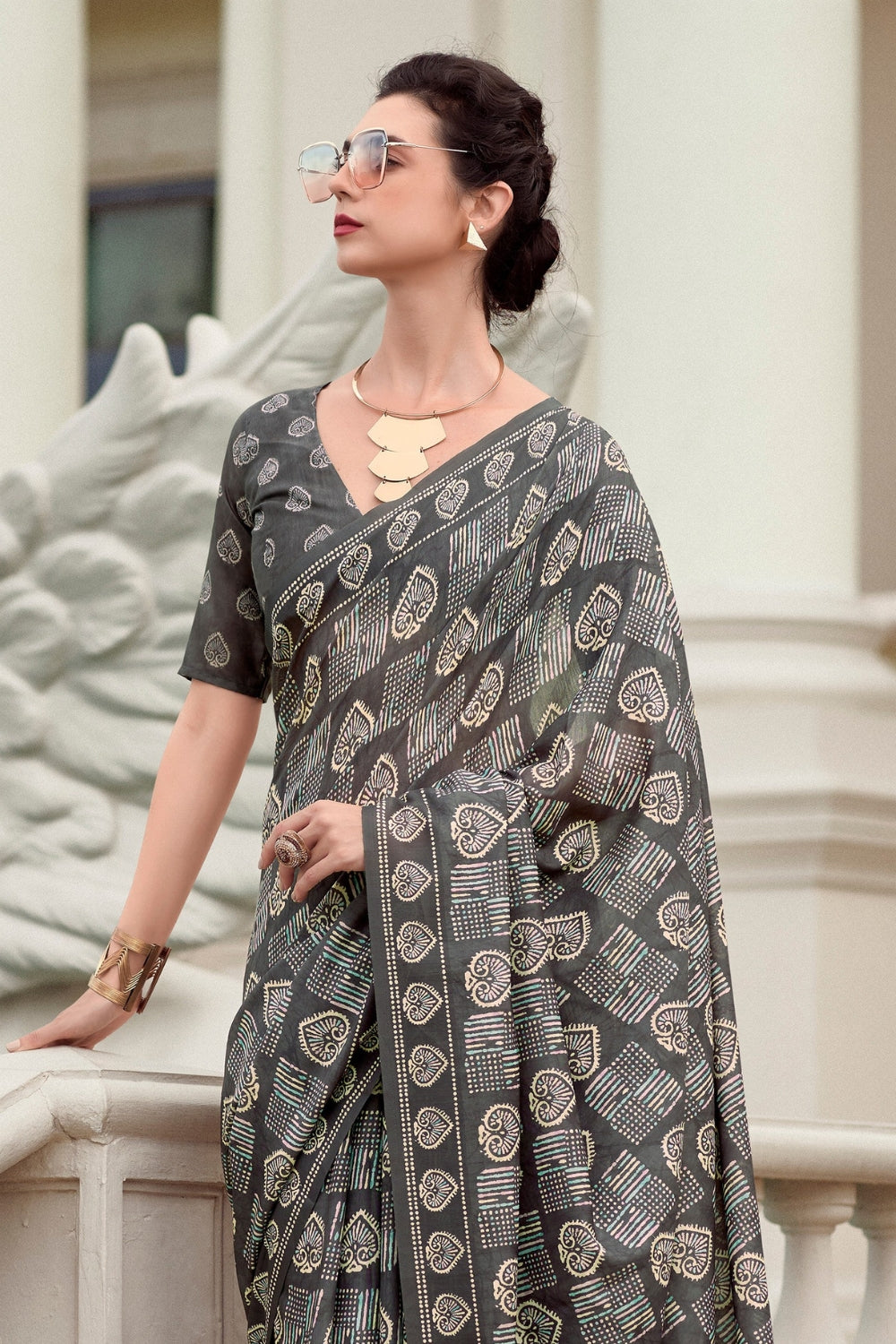 Coal Black Pure Mal Mal Silk Saree