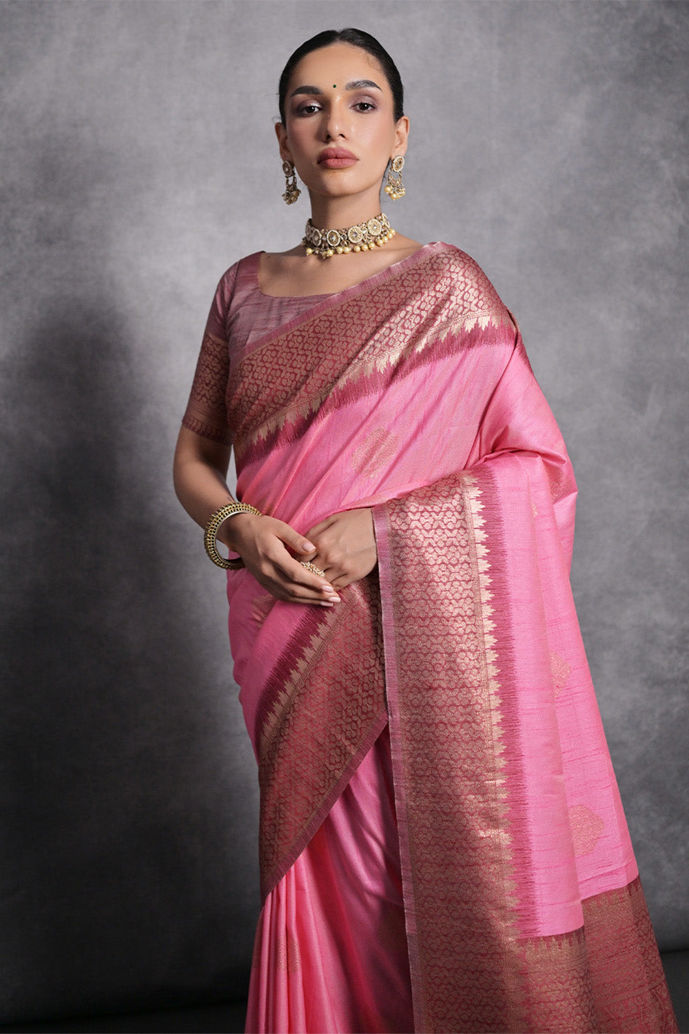 Pink Tussar Silk Blend Saree