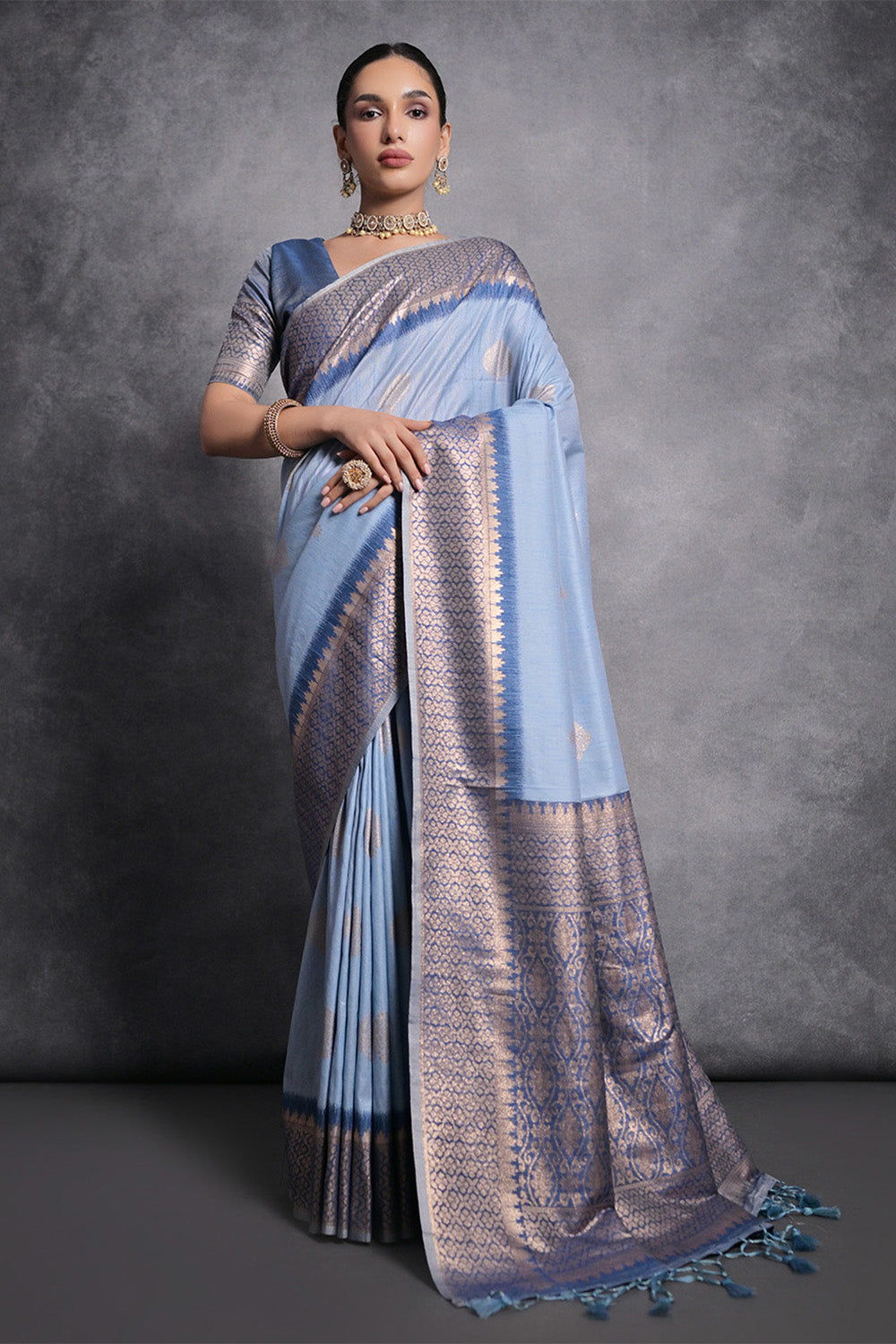 Blue Tussar Silk Blend Saree
