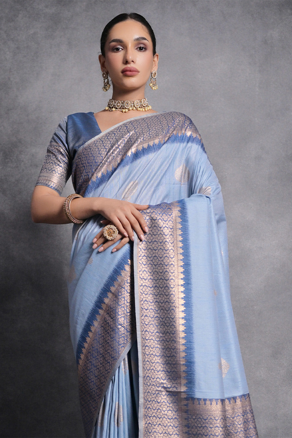 Blue Tussar Silk Blend Saree