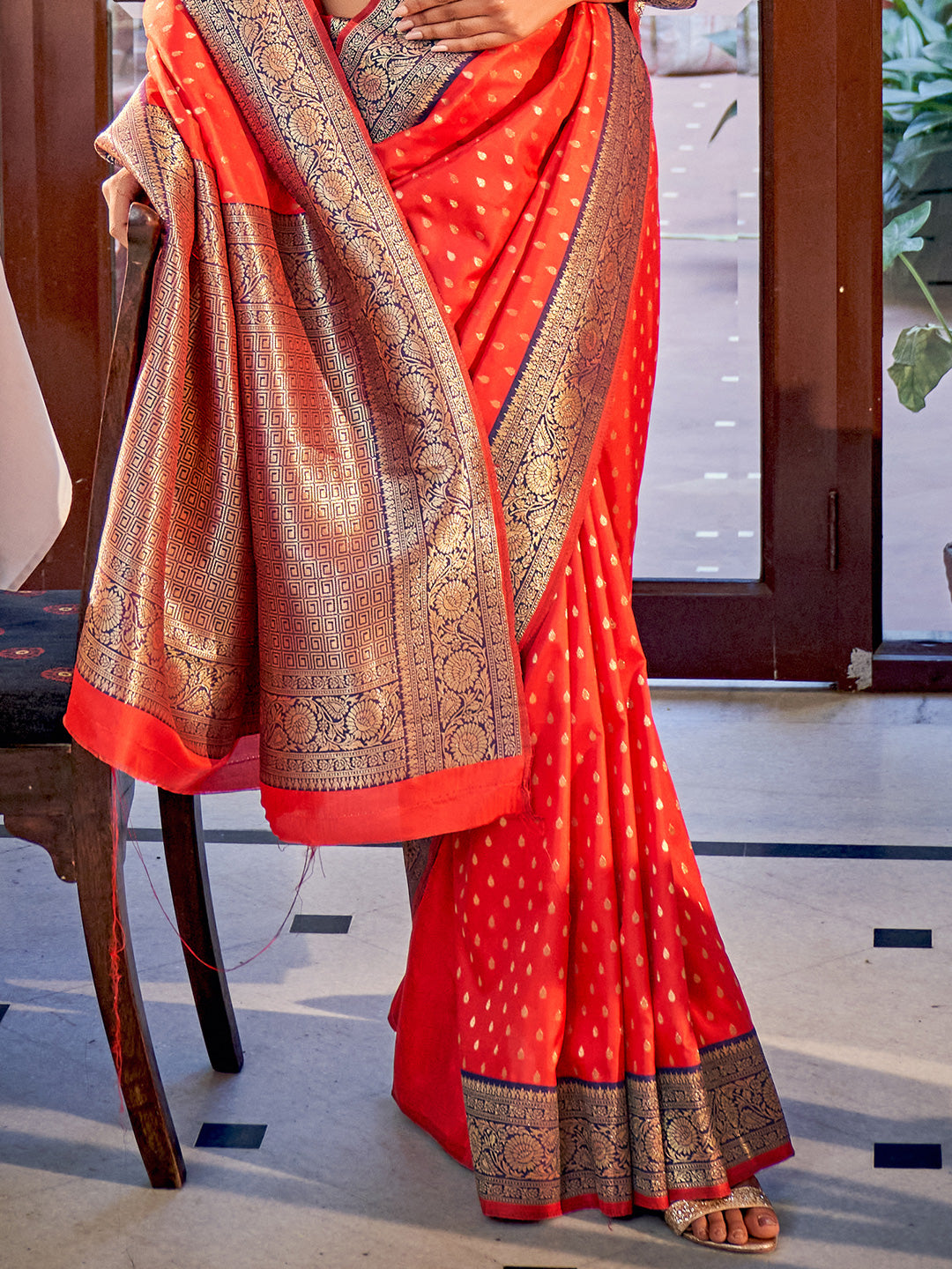 Cherry Red Banarasi Silk Zari Weaving Saree