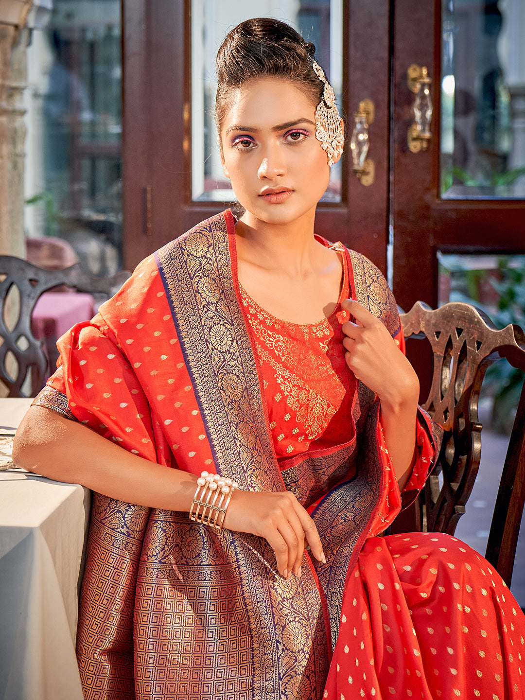 Cherry Red Banarasi Silk Zari Weaving Saree