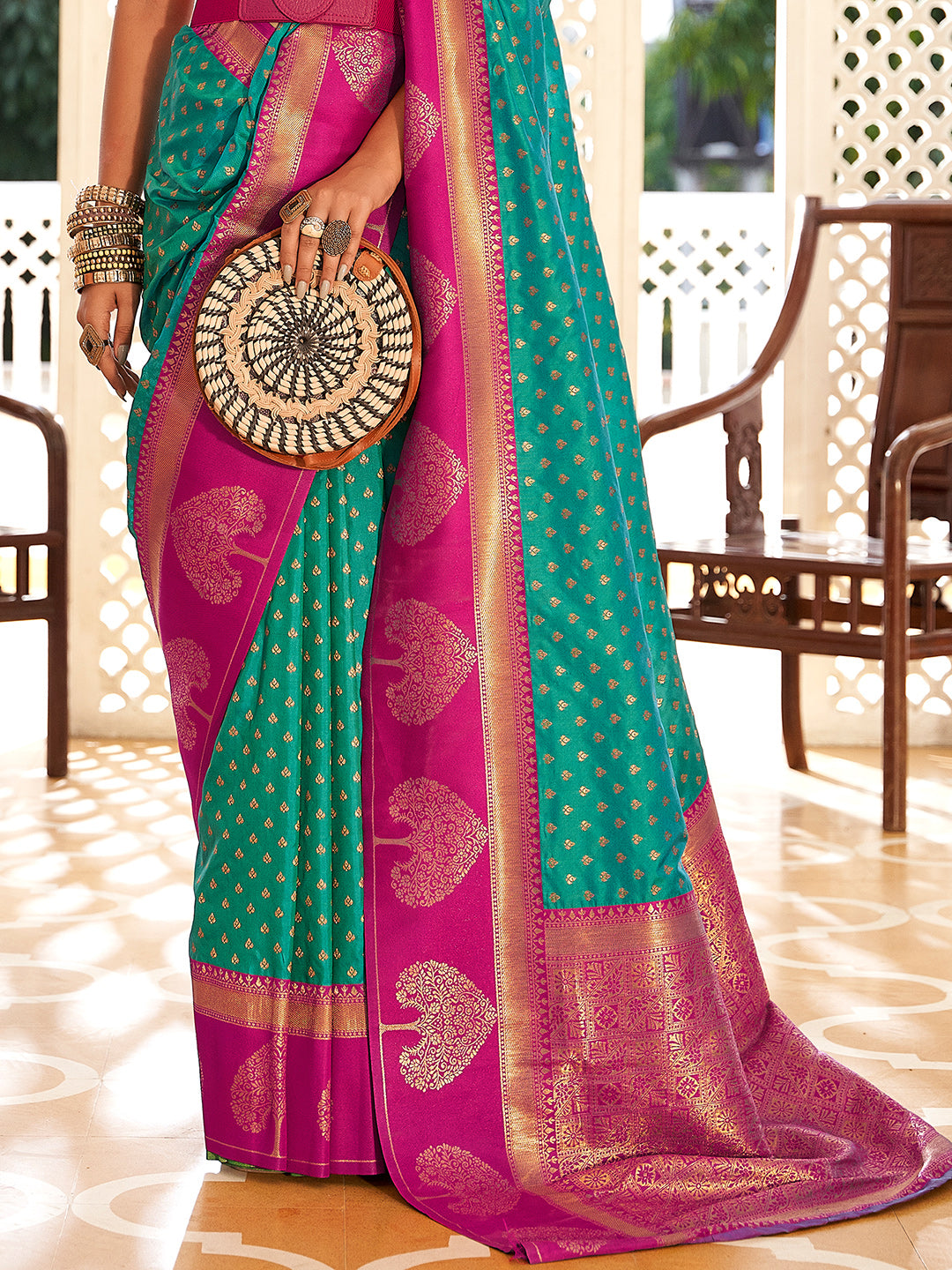 Light Green Soft Banarasi Paithani with Copper Zari Weaving Saree