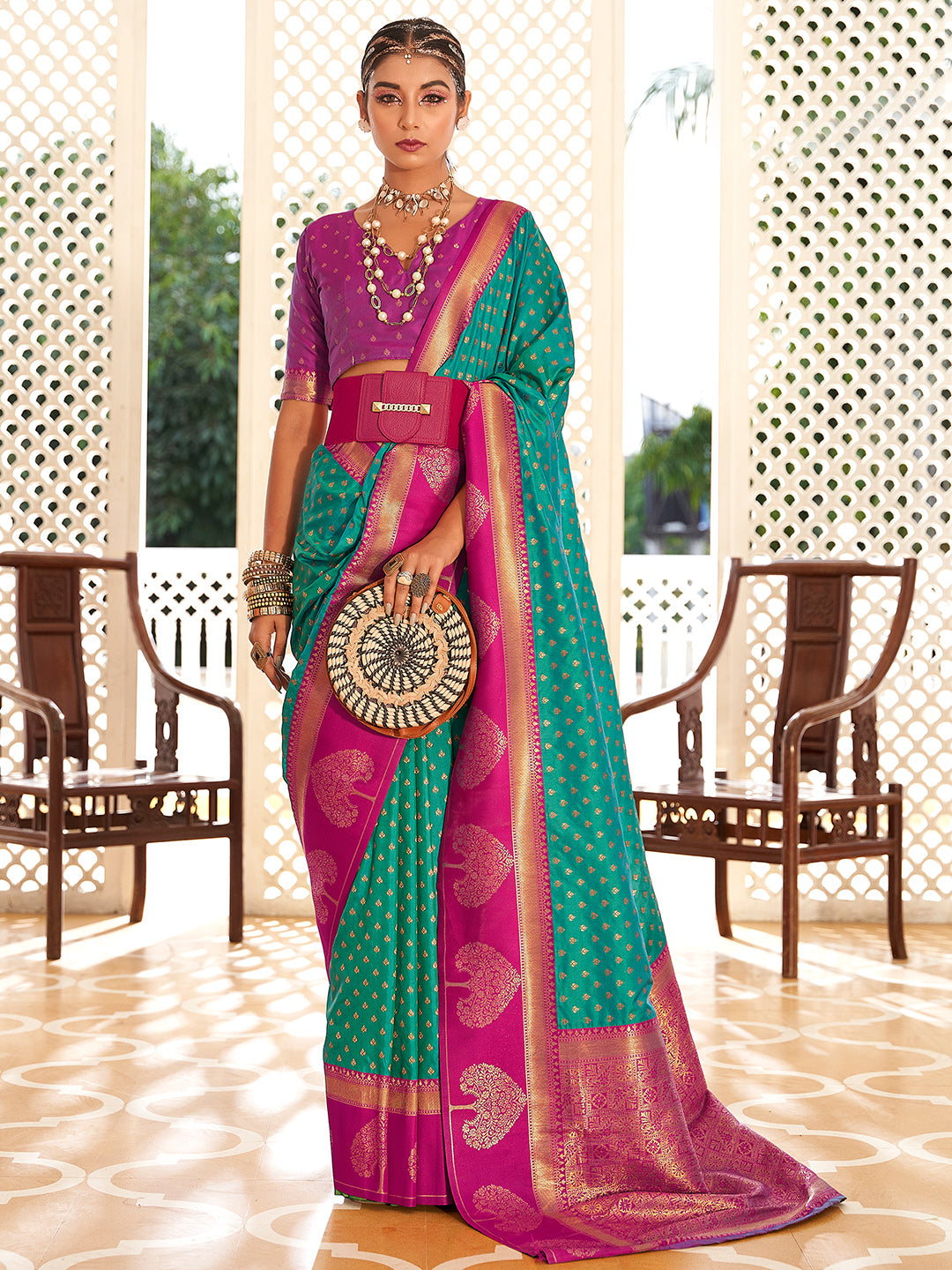 Light Green Soft Banarasi Paithani with Copper Zari Weaving Saree