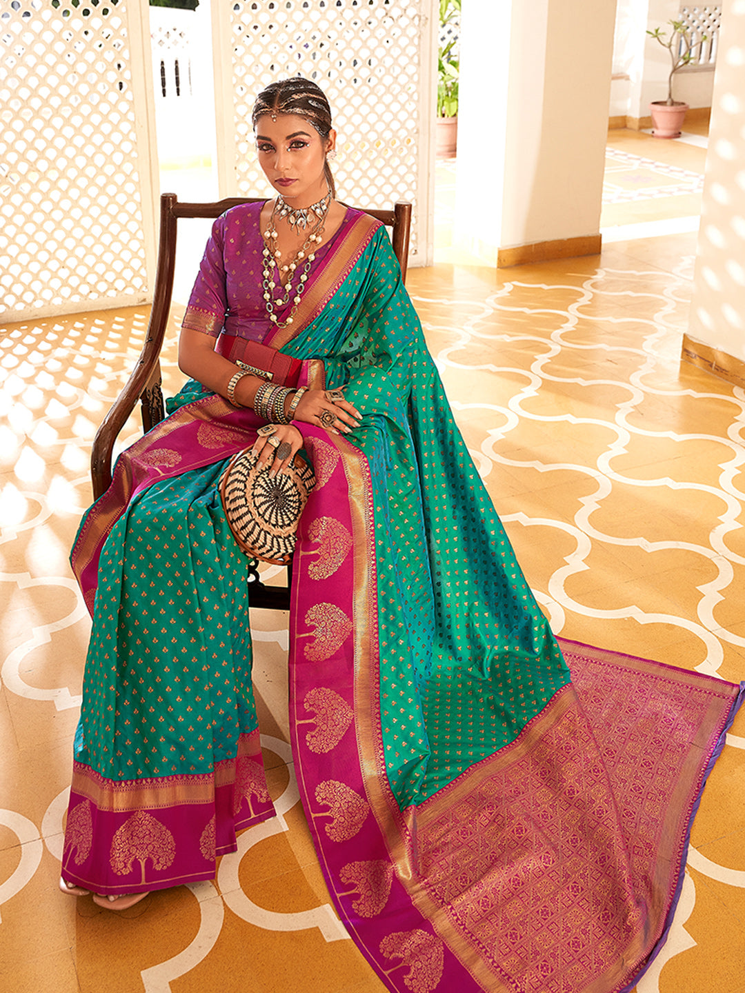 Light Green Soft Banarasi Paithani with Copper Zari Weaving Saree