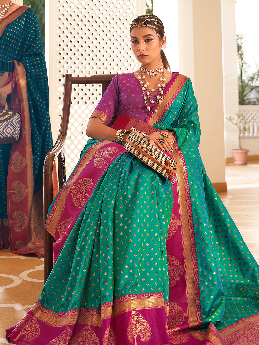 Light Green Soft Banarasi Paithani with Copper Zari Weaving Saree