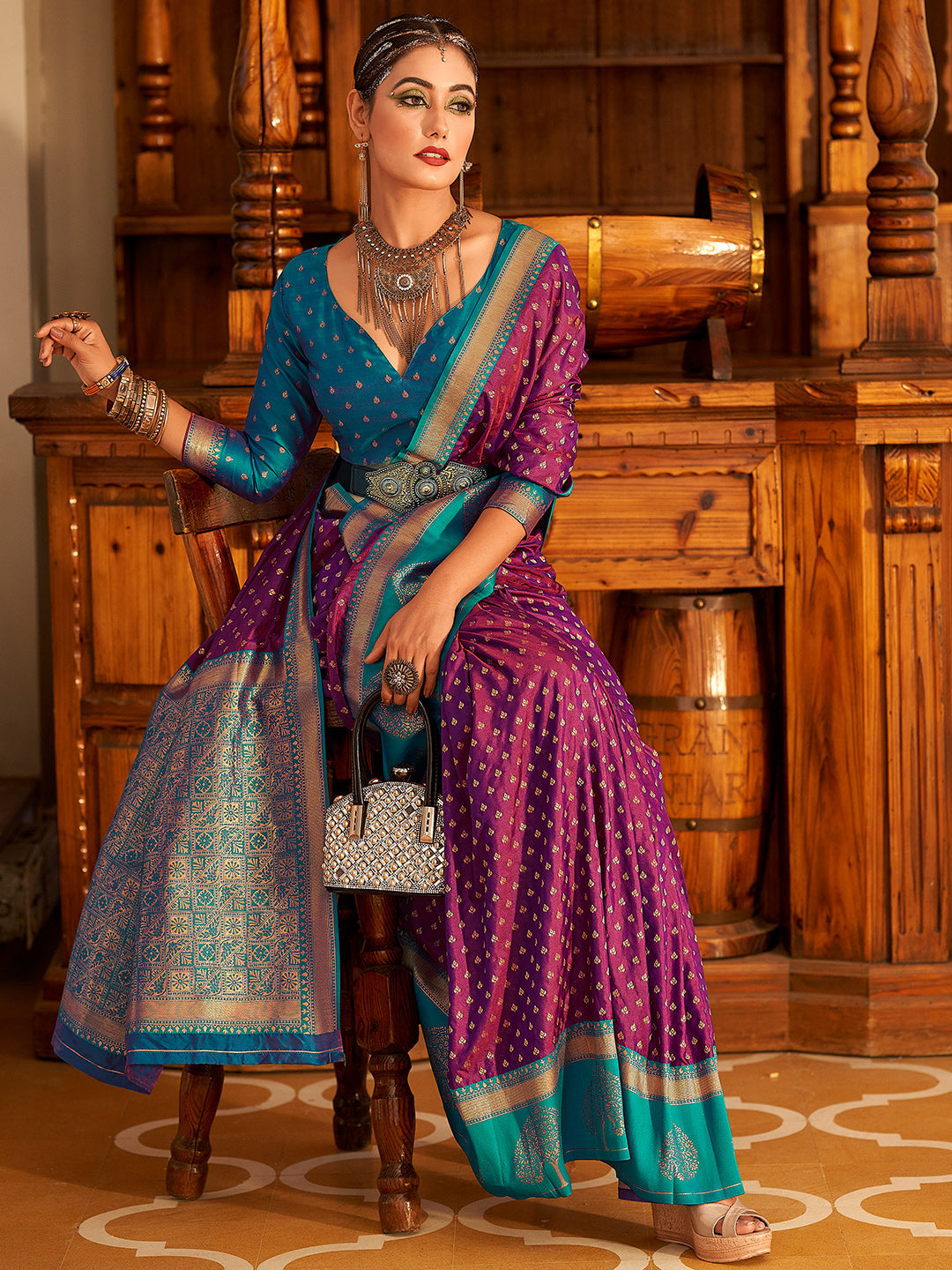 Wine Purple Soft Banarasi Paithani with Copper Zari Weaving Saree