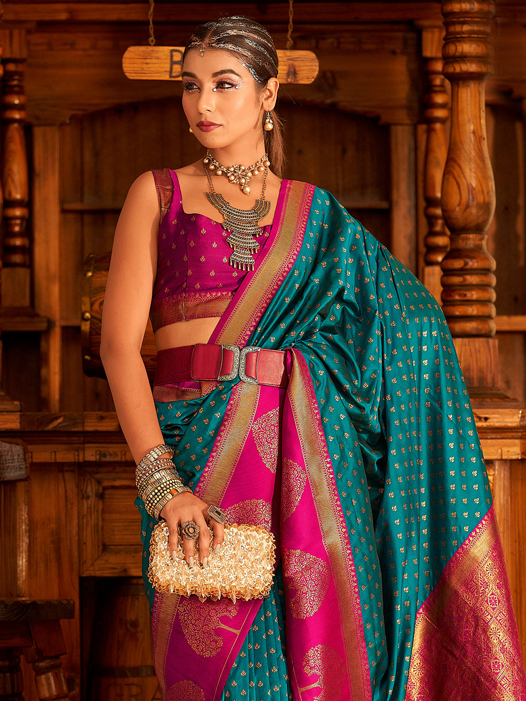 Peacock Blue Soft Banarasi Paithani with Copper Zari Weaving Saree