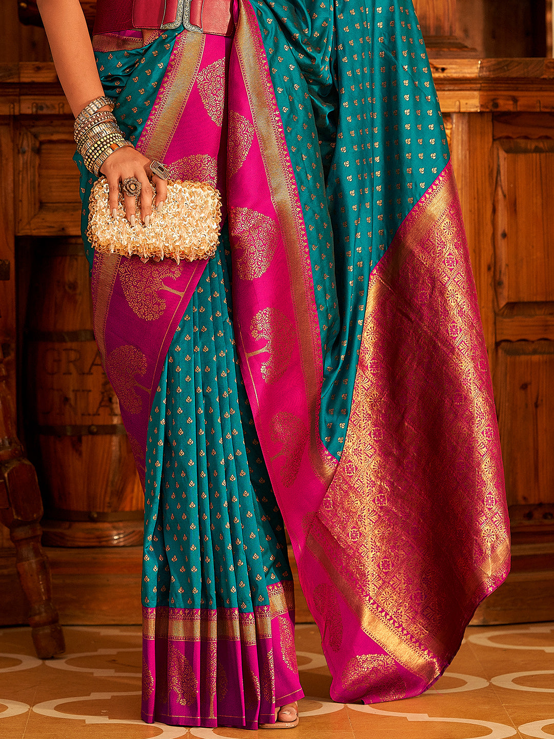 Peacock Blue Soft Banarasi Paithani with Copper Zari Weaving Saree