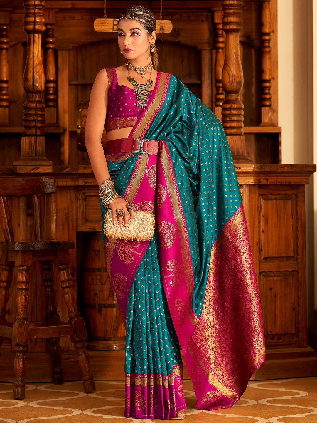 Peacock Blue Soft Banarasi Paithani with Copper Zari Weaving Saree