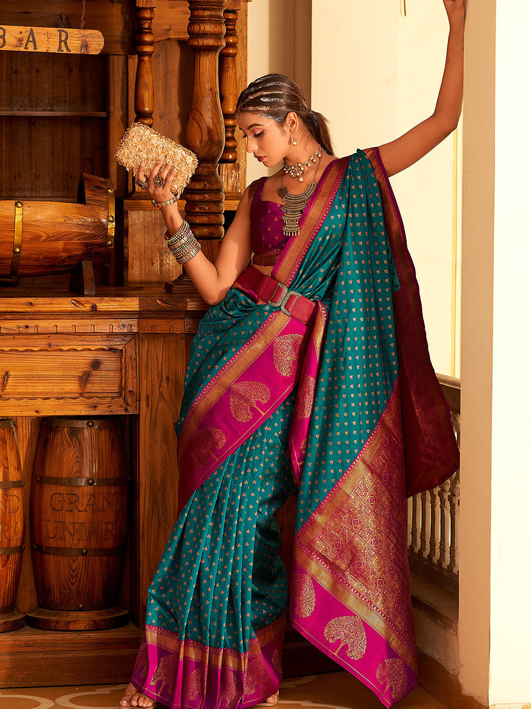 Peacock Blue Soft Banarasi Paithani with Copper Zari Weaving Saree