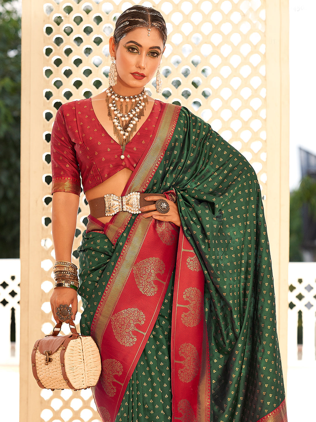 Forest Green Soft Banarasi Paithani with Copper Zari Weaving Saree