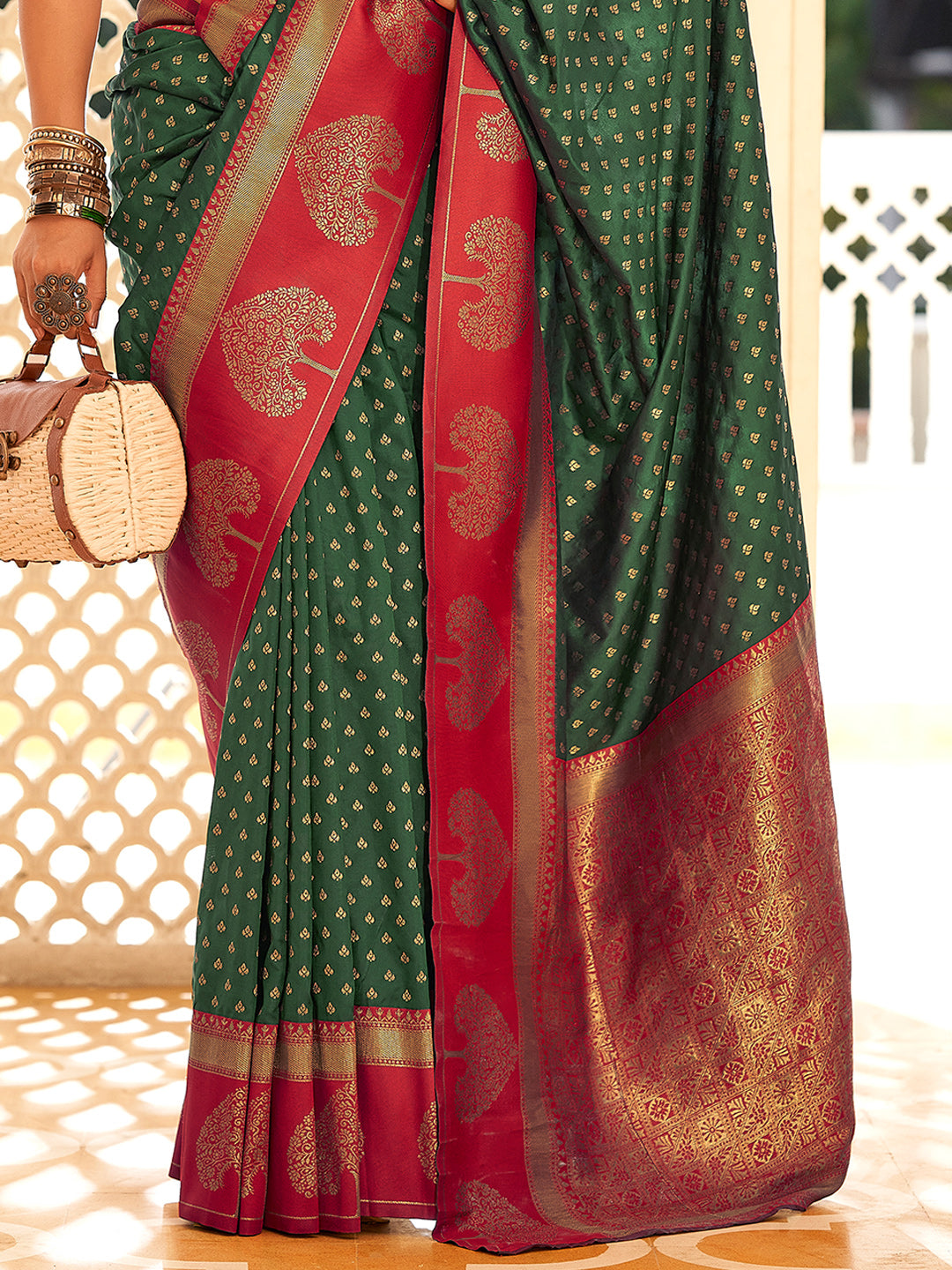 Forest Green Soft Banarasi Paithani with Copper Zari Weaving Saree