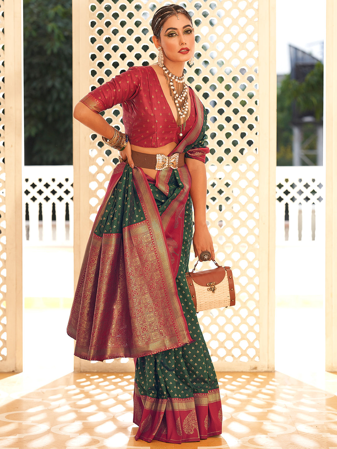 Forest Green Soft Banarasi Paithani with Copper Zari Weaving Saree