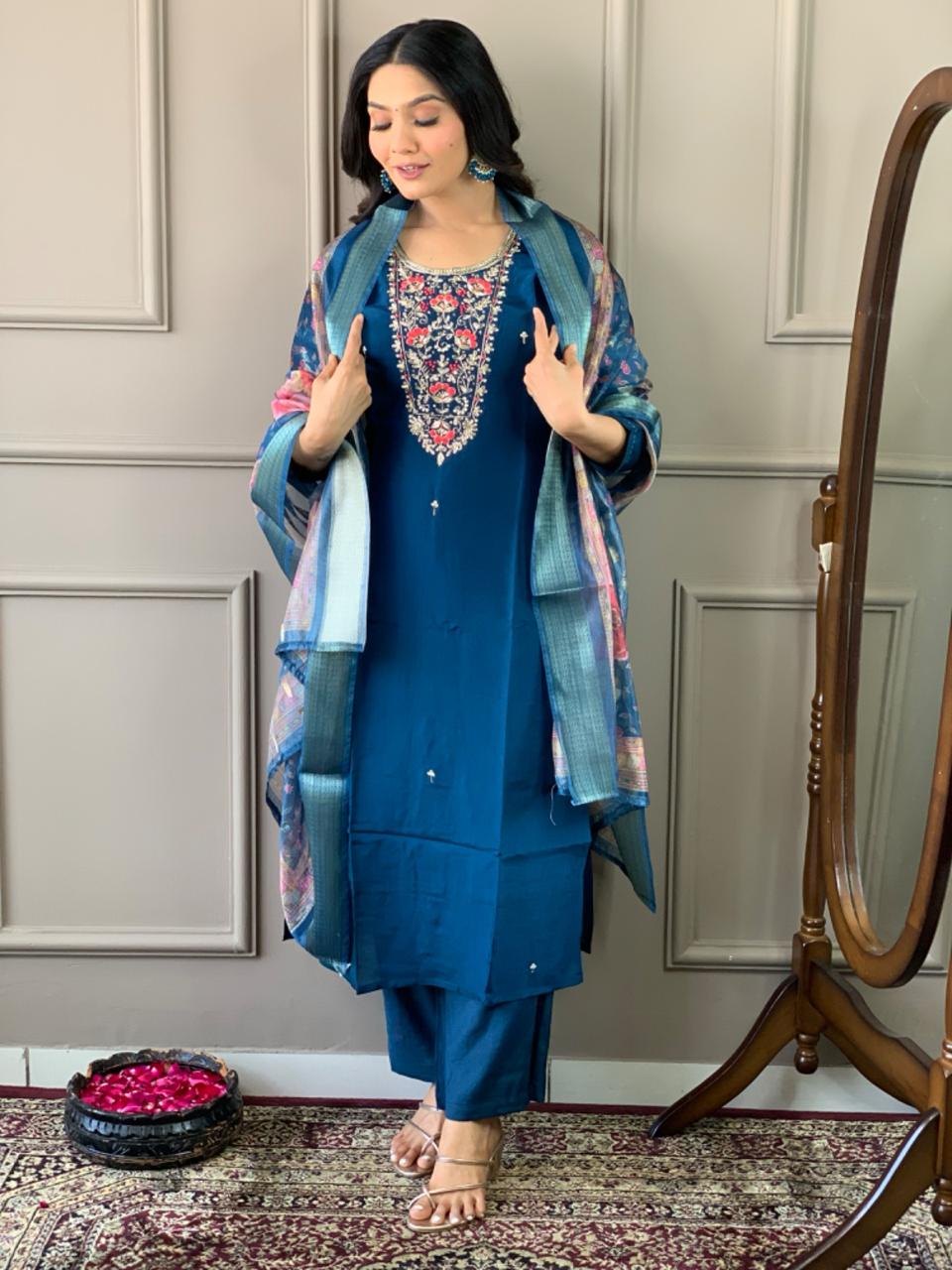 Petrol Blue Women Embroidered Chanderi Silk Kurta Set