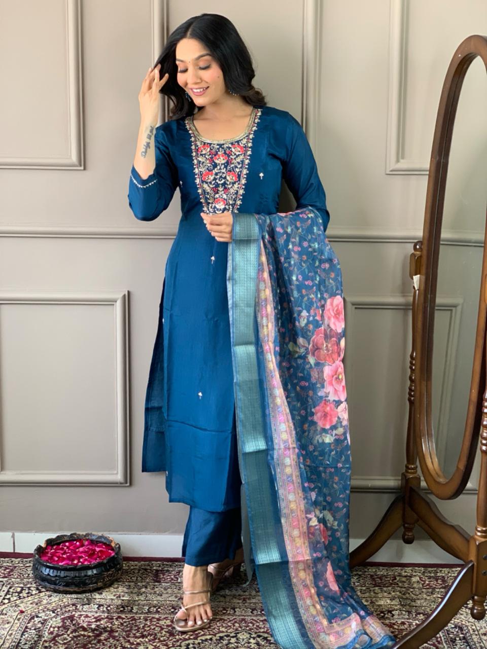 Petrol Blue Women Embroidered Chanderi Silk Kurta Set