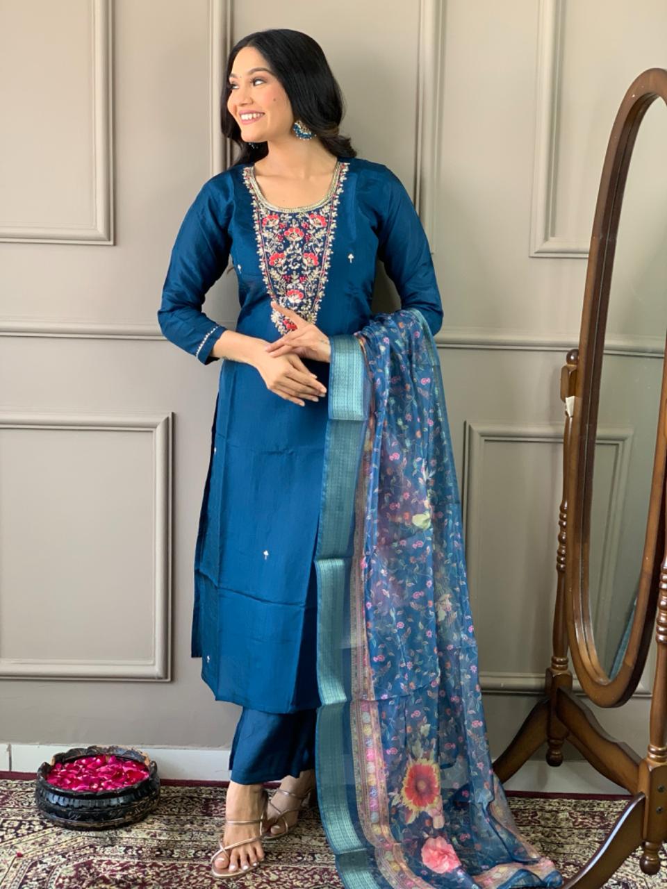 Petrol Blue Women Embroidered Chanderi Silk Kurta Set