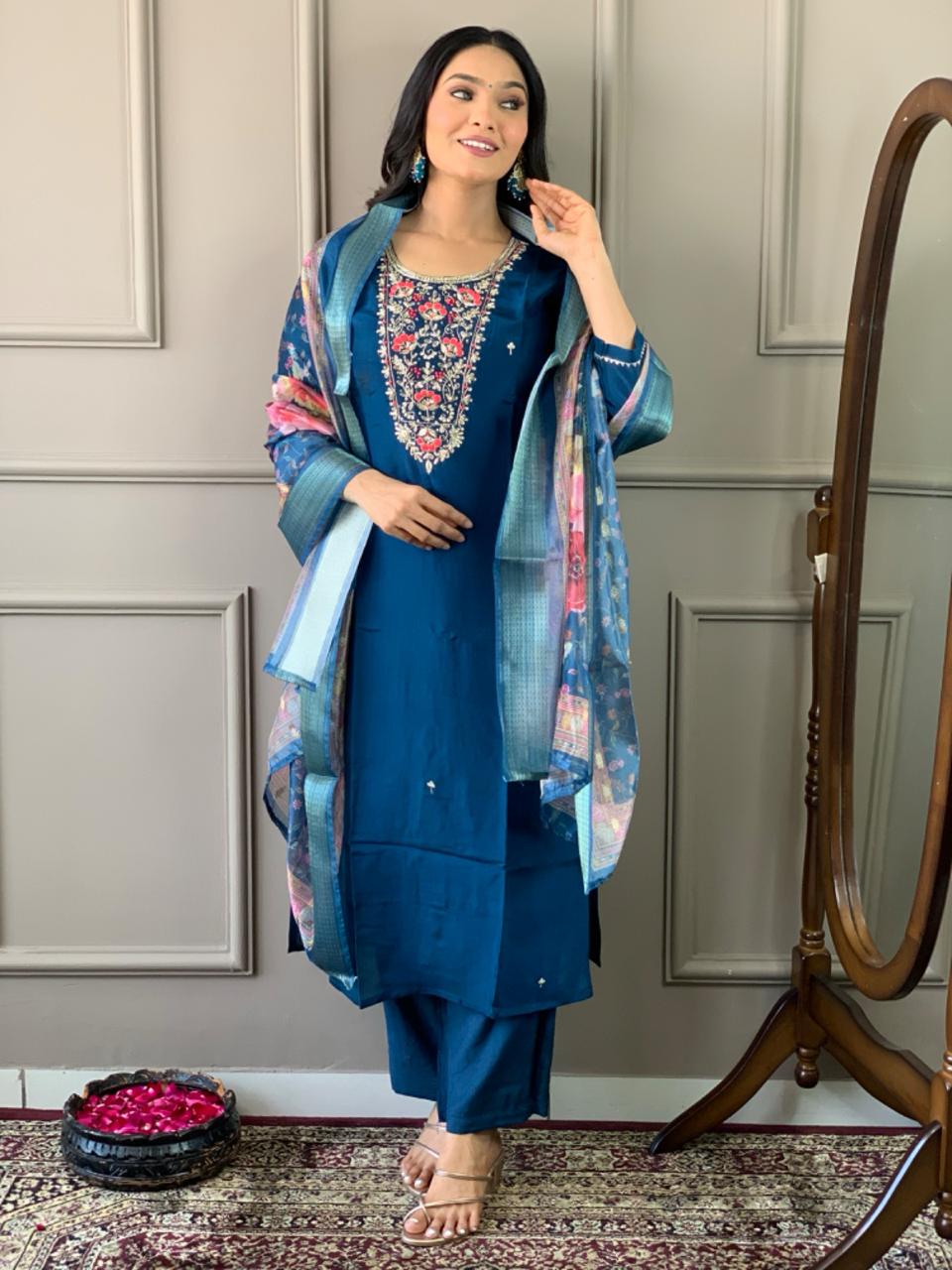 Petrol Blue Women Embroidered Chanderi Silk Kurta Set