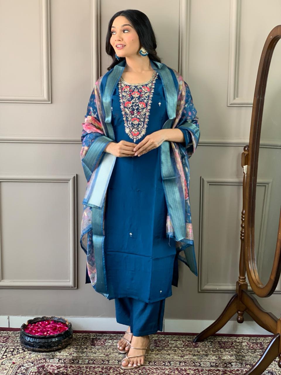 Petrol Blue Women Embroidered Chanderi Silk Kurta Set