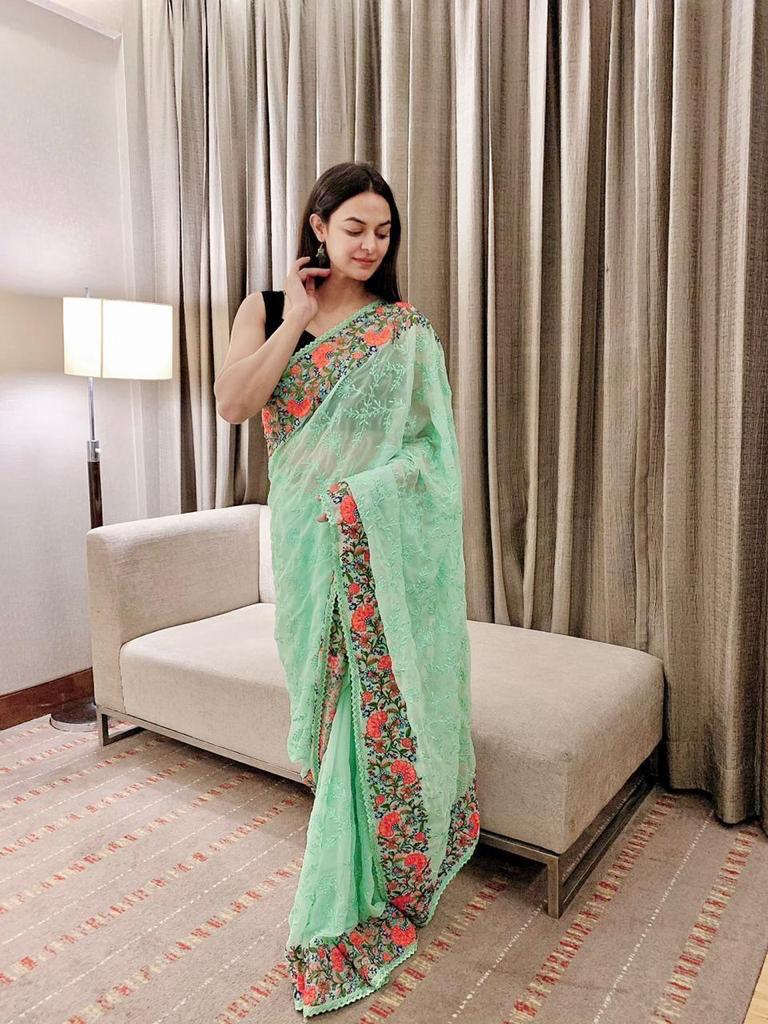 GREEN Georgette Saree With Satin Benglori Blouse