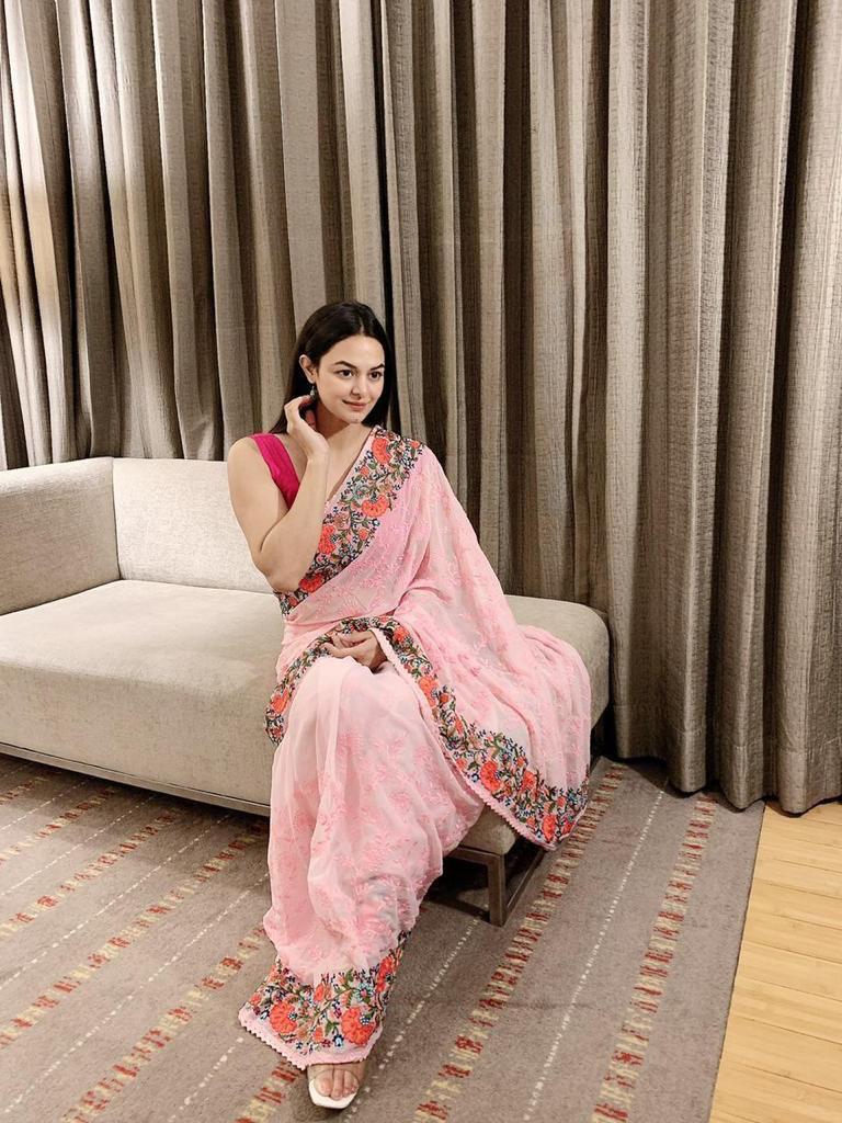 Pink Georgette Saree With Satin Benglori Blouse