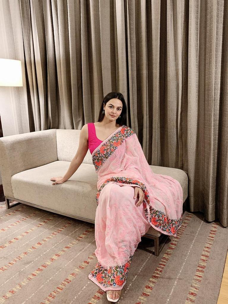 Pink Georgette Saree With Satin Benglori Blouse