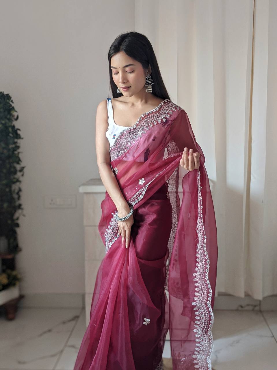 WINE Organza Saree With weaving silk Blouse