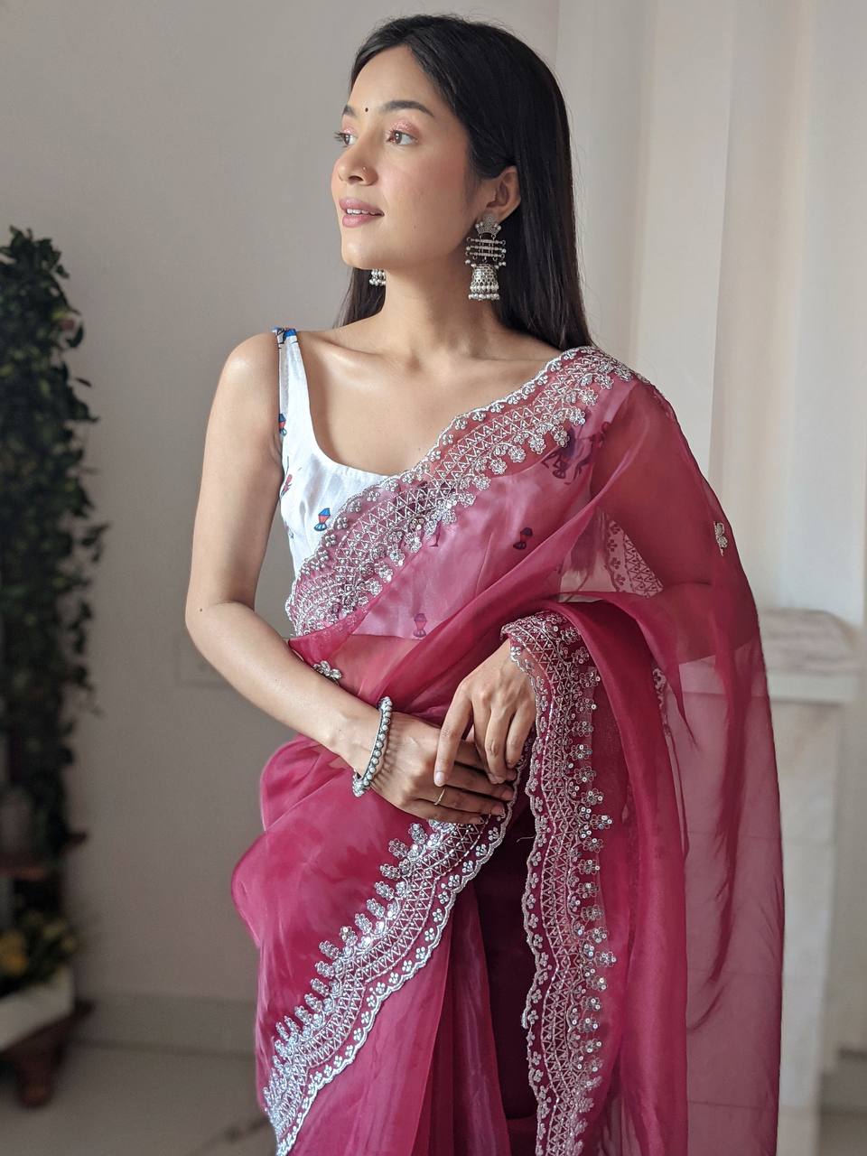 WINE Organza Saree With weaving silk Blouse