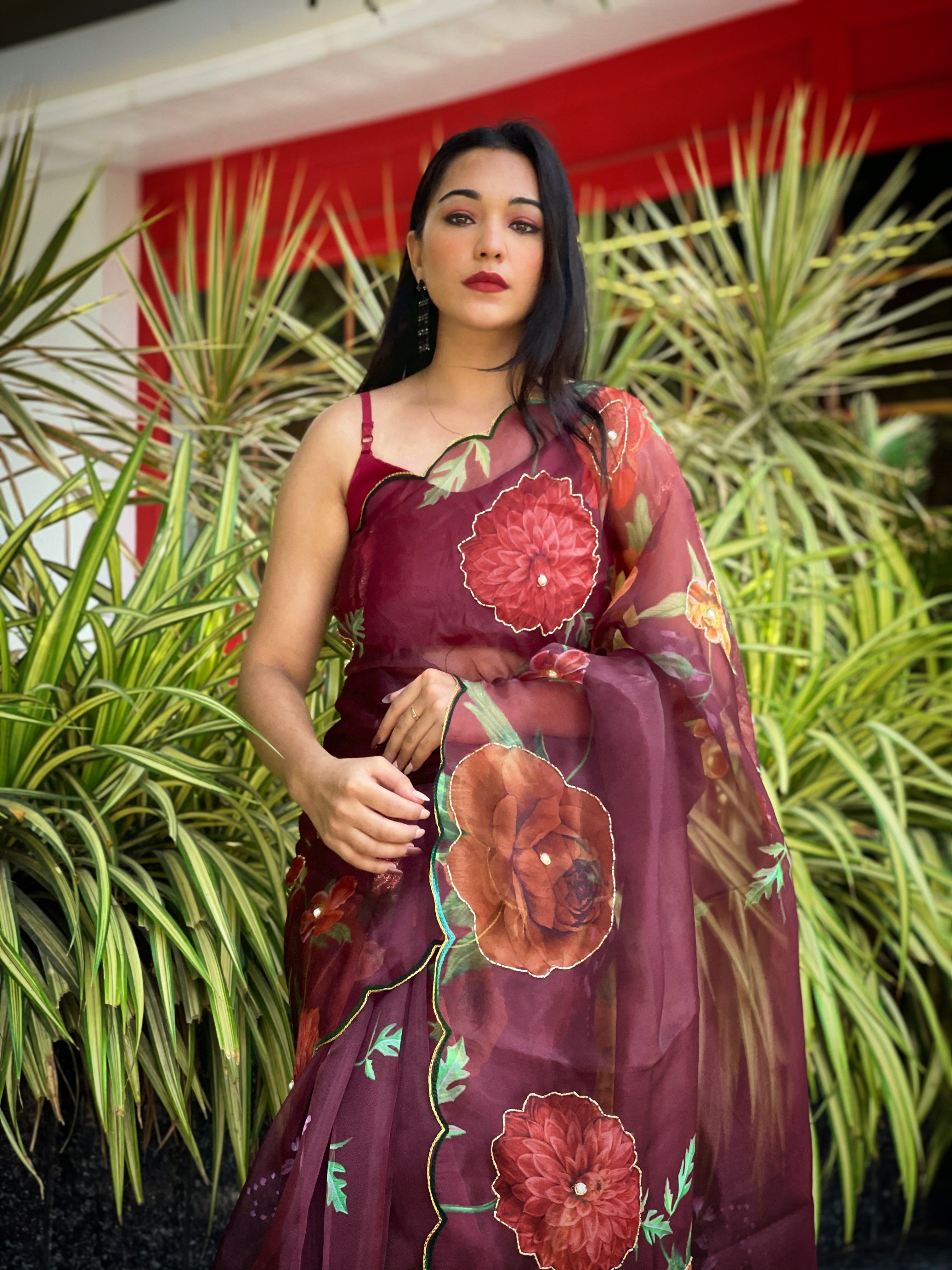 Wine Organza Saree With Satin Benglori Blouse